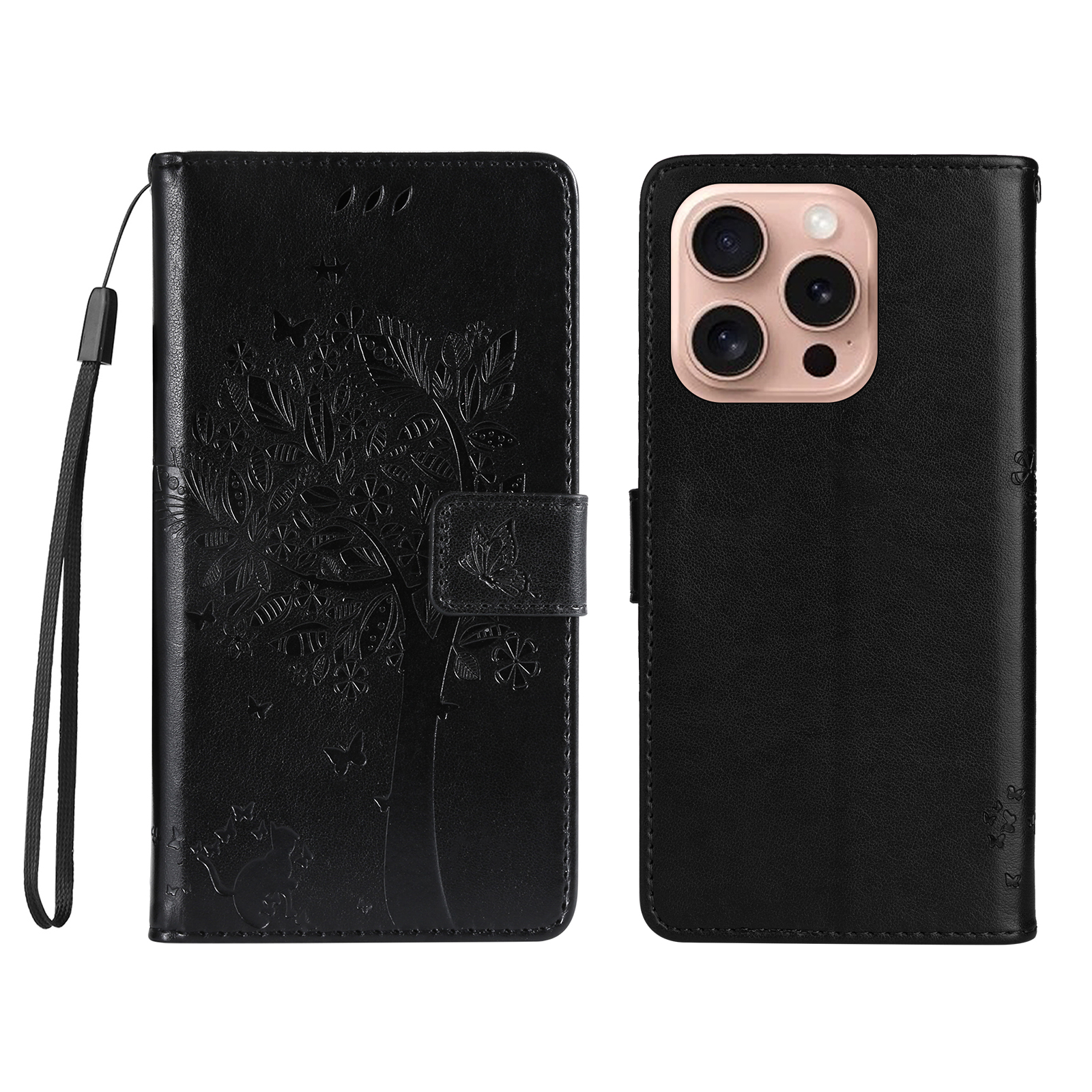 For iPhone 16 Pro Phone Case with Stand Cat Tree Pattern Leather Wallet Mobile Cover -  Black