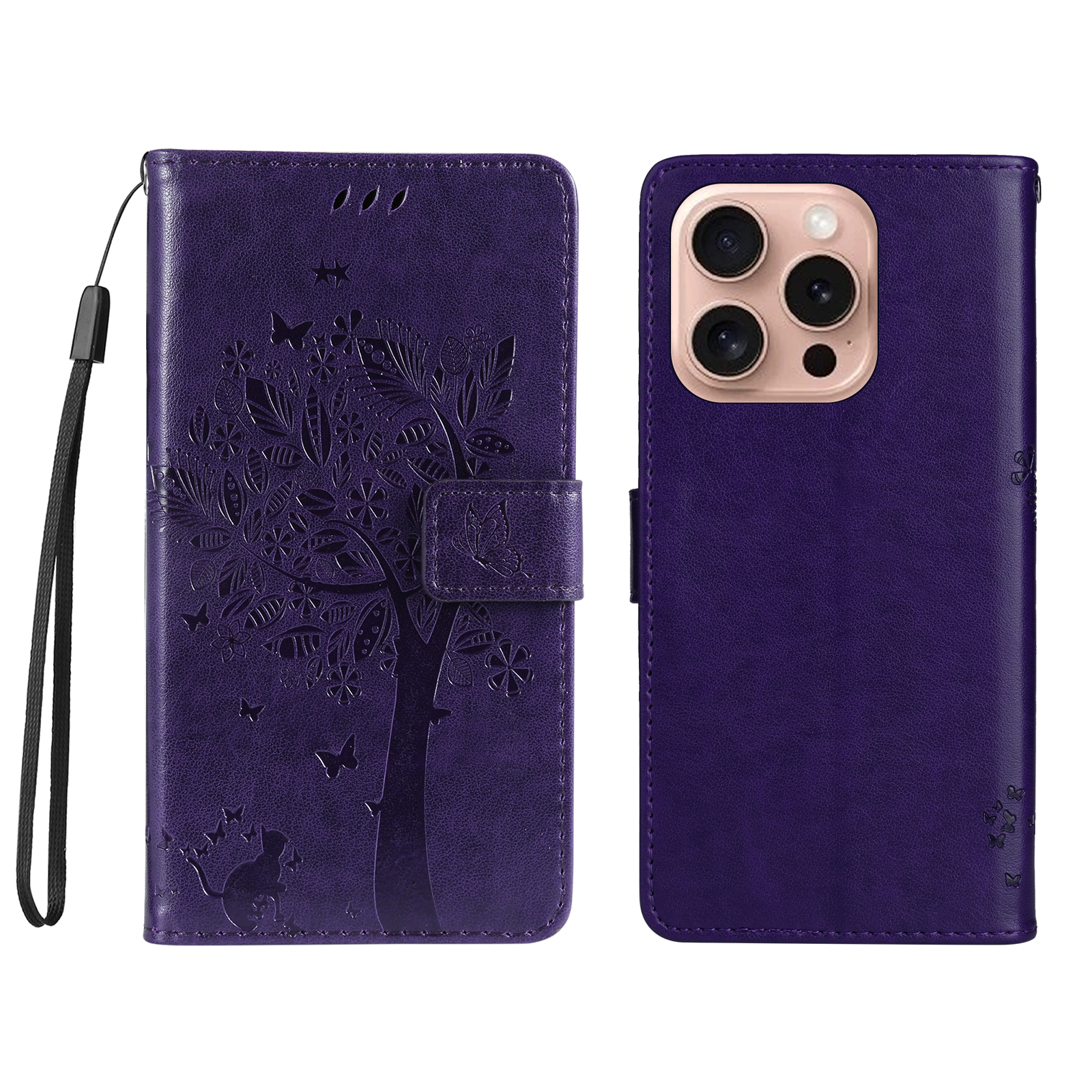 For iPhone 16 Pro Phone Case with Stand Cat Tree Pattern Leather Wallet Mobile Cover - Purple