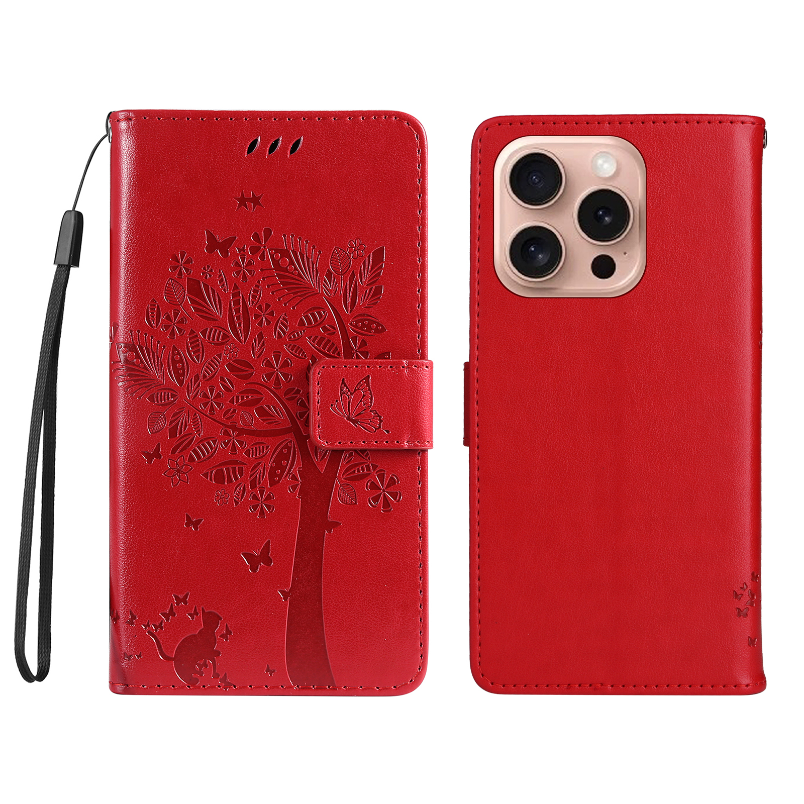 For iPhone 16 Pro Phone Case with Stand Cat Tree Pattern Leather Wallet Mobile Cover - Red