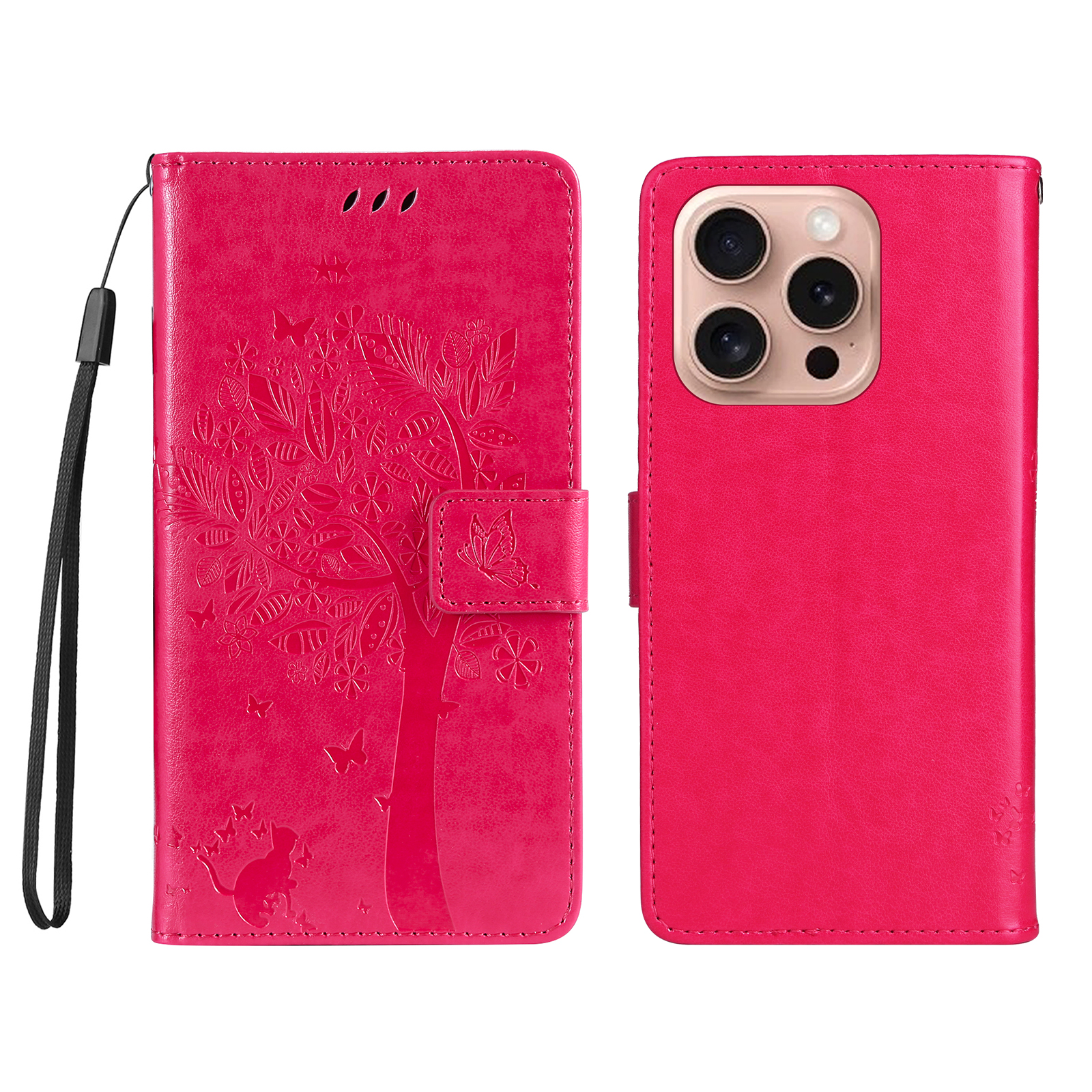 For iPhone 16 Pro Phone Case with Stand Cat Tree Pattern Leather Wallet Mobile Cover - Rose