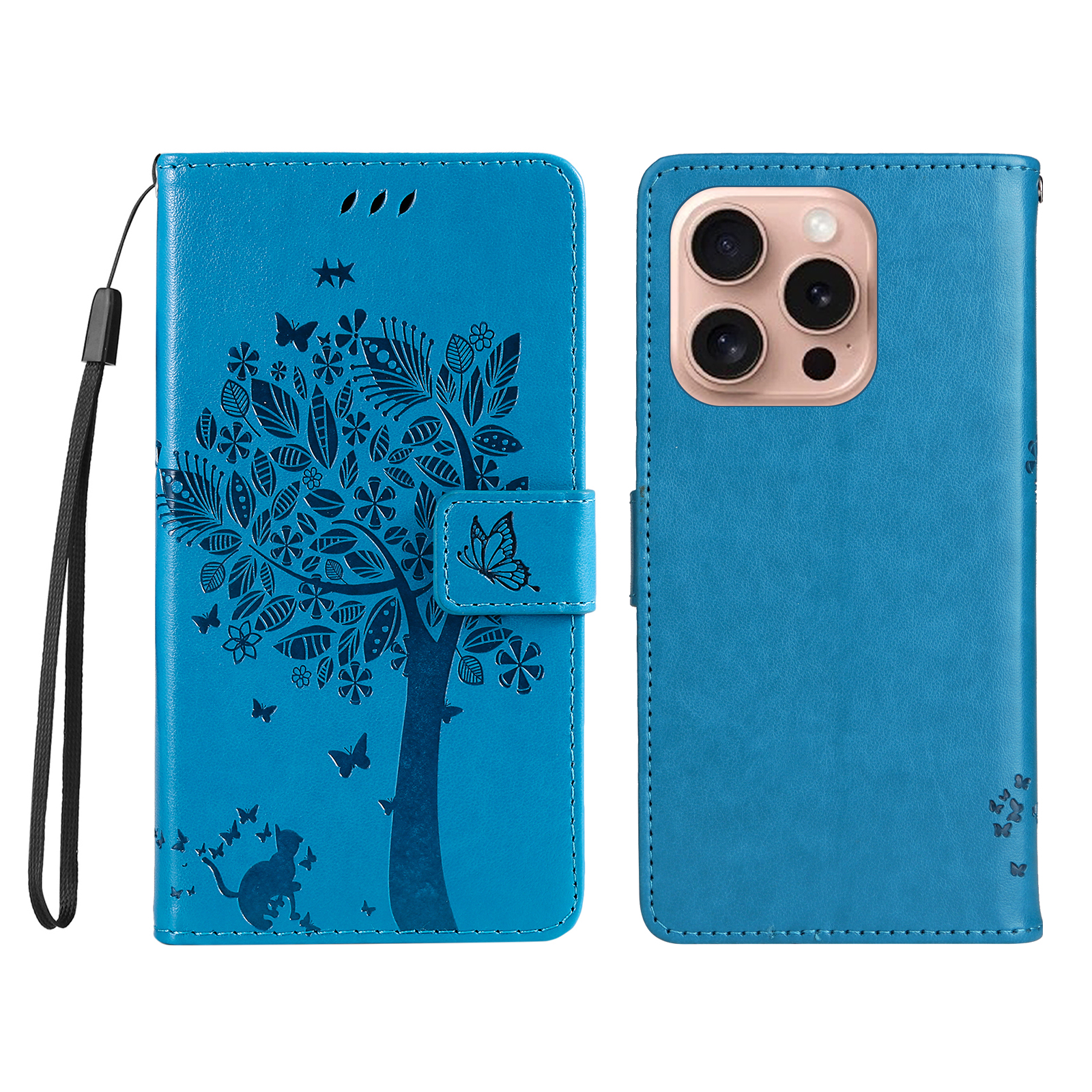 For iPhone 16 Pro Phone Case with Stand Cat Tree Pattern Leather Wallet Mobile Cover - Blue