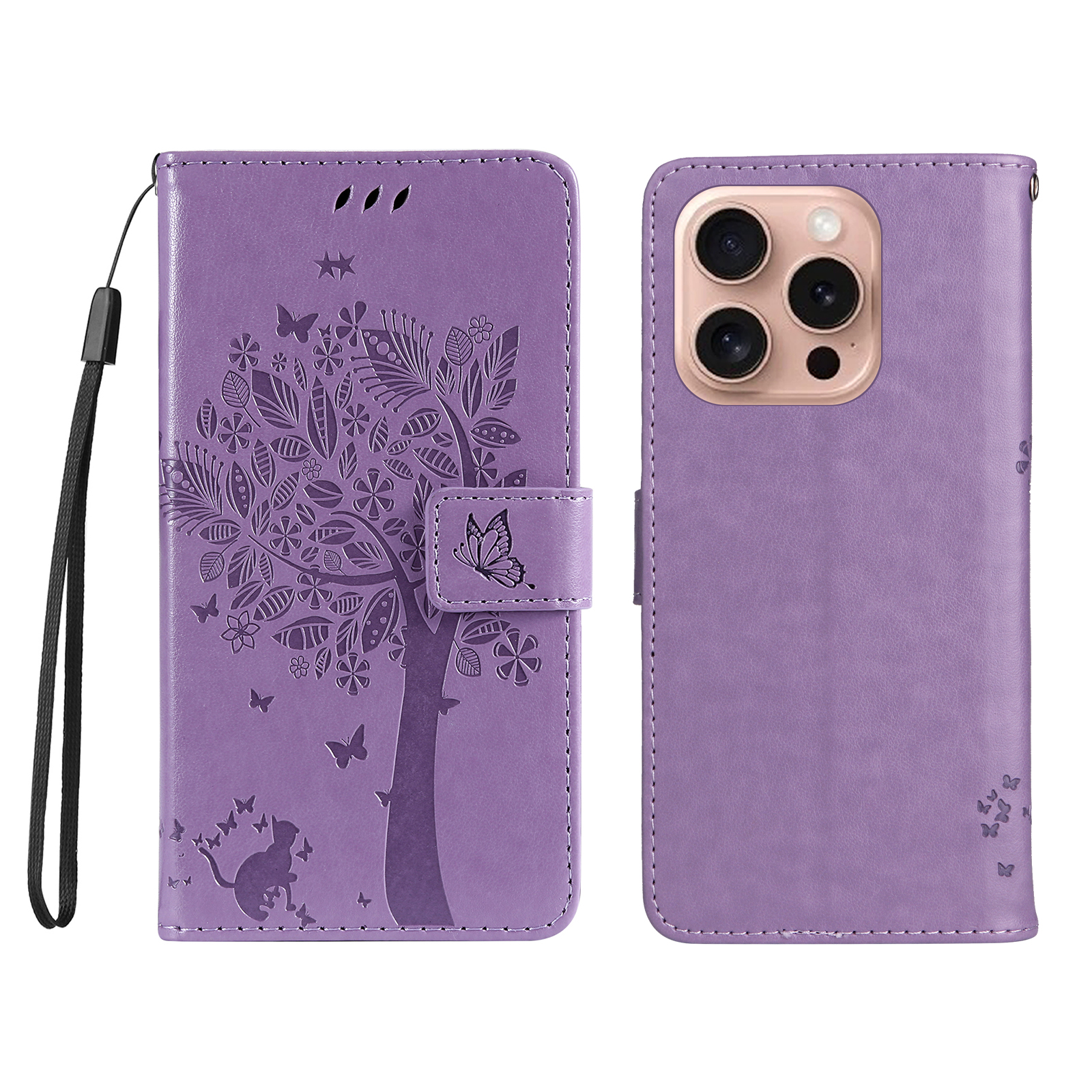 For iPhone 16 Pro Phone Case with Stand Cat Tree Pattern Leather Wallet Mobile Cover -  Light Purple