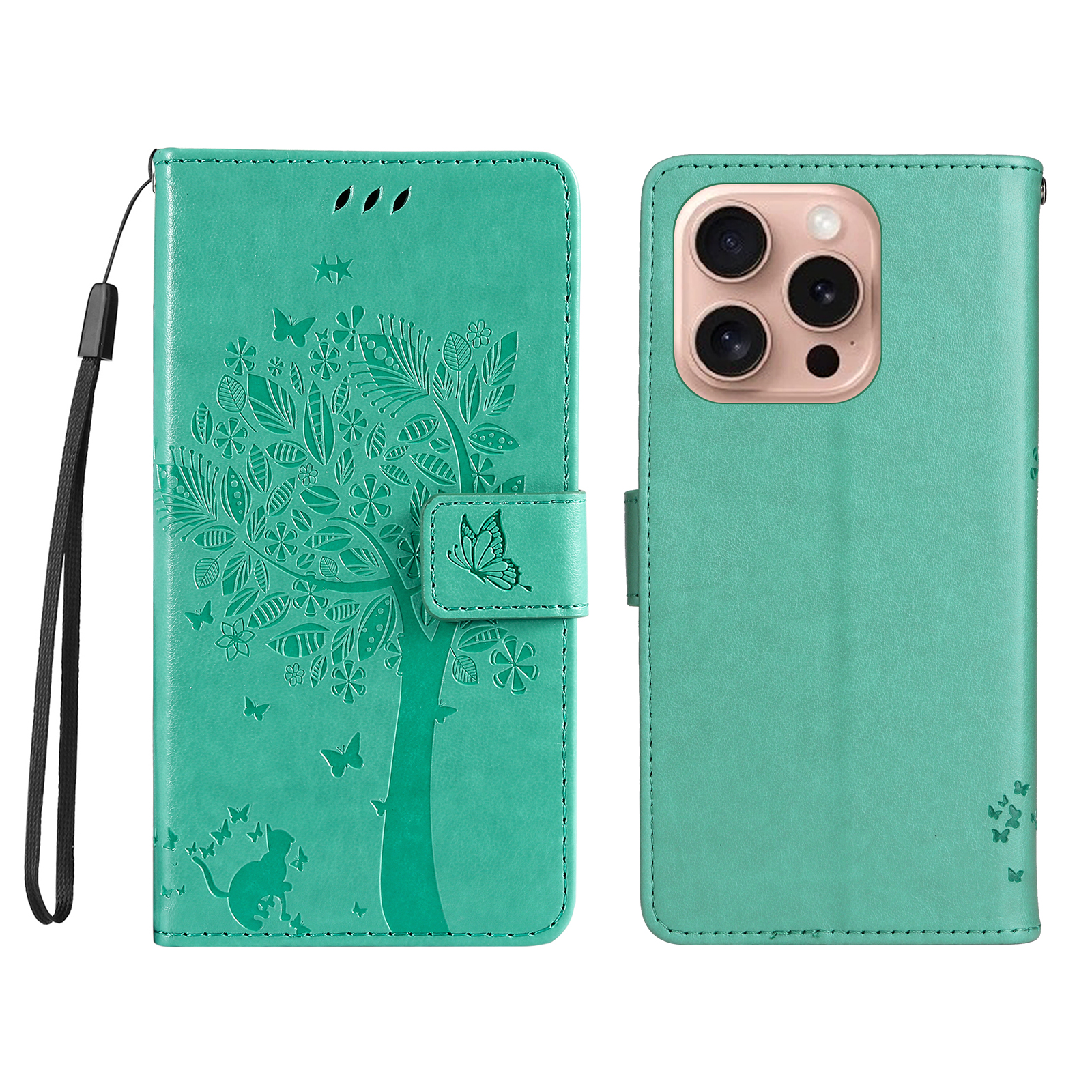 For iPhone 16 Pro Phone Case with Stand Cat Tree Pattern Leather Wallet Mobile Cover - Green