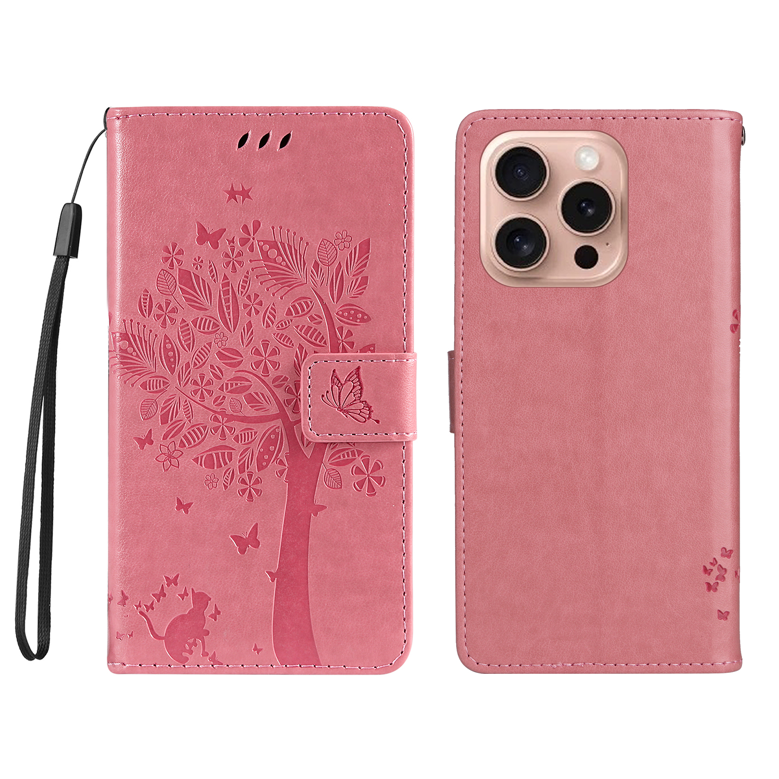 For iPhone 16 Pro Phone Case with Stand Cat Tree Pattern Leather Wallet Mobile Cover - Pink