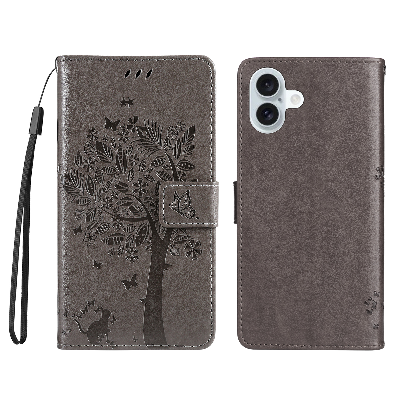 For iPhone 16 Plus Phone Case with Stand Cat Tree Pattern Leather Wallet Mobile Cover - Grey