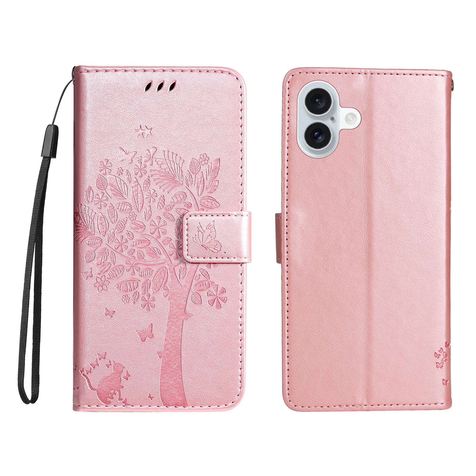 For iPhone 16 Plus Phone Case with Stand Cat Tree Pattern Leather Wallet Mobile Cover - Rose Gold