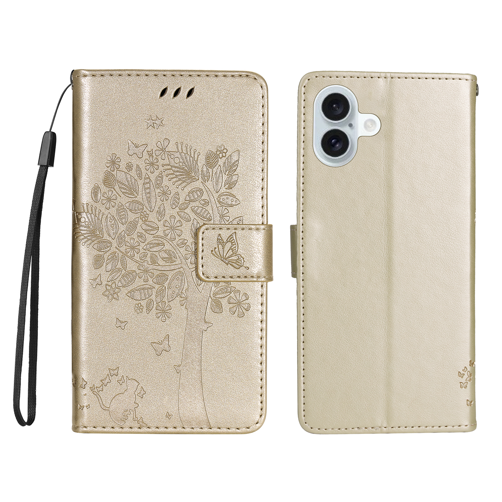 For iPhone 16 Plus Phone Case with Stand Cat Tree Pattern Leather Wallet Mobile Cover - Gold