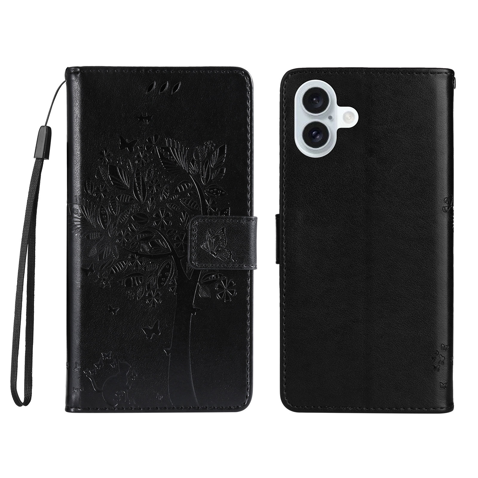 For iPhone 16 Plus Phone Case with Stand Cat Tree Pattern Leather Wallet Mobile Cover - Black