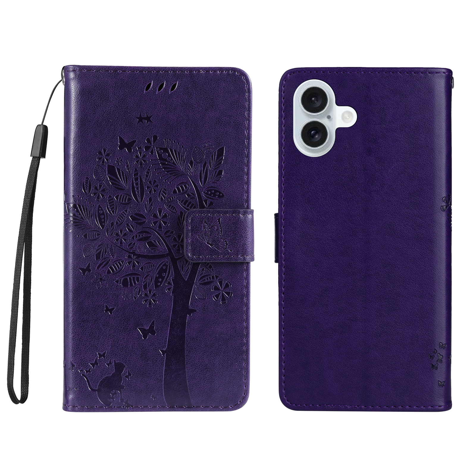 For iPhone 16 Plus Phone Case with Stand Cat Tree Pattern Leather Wallet Mobile Cover - Purple