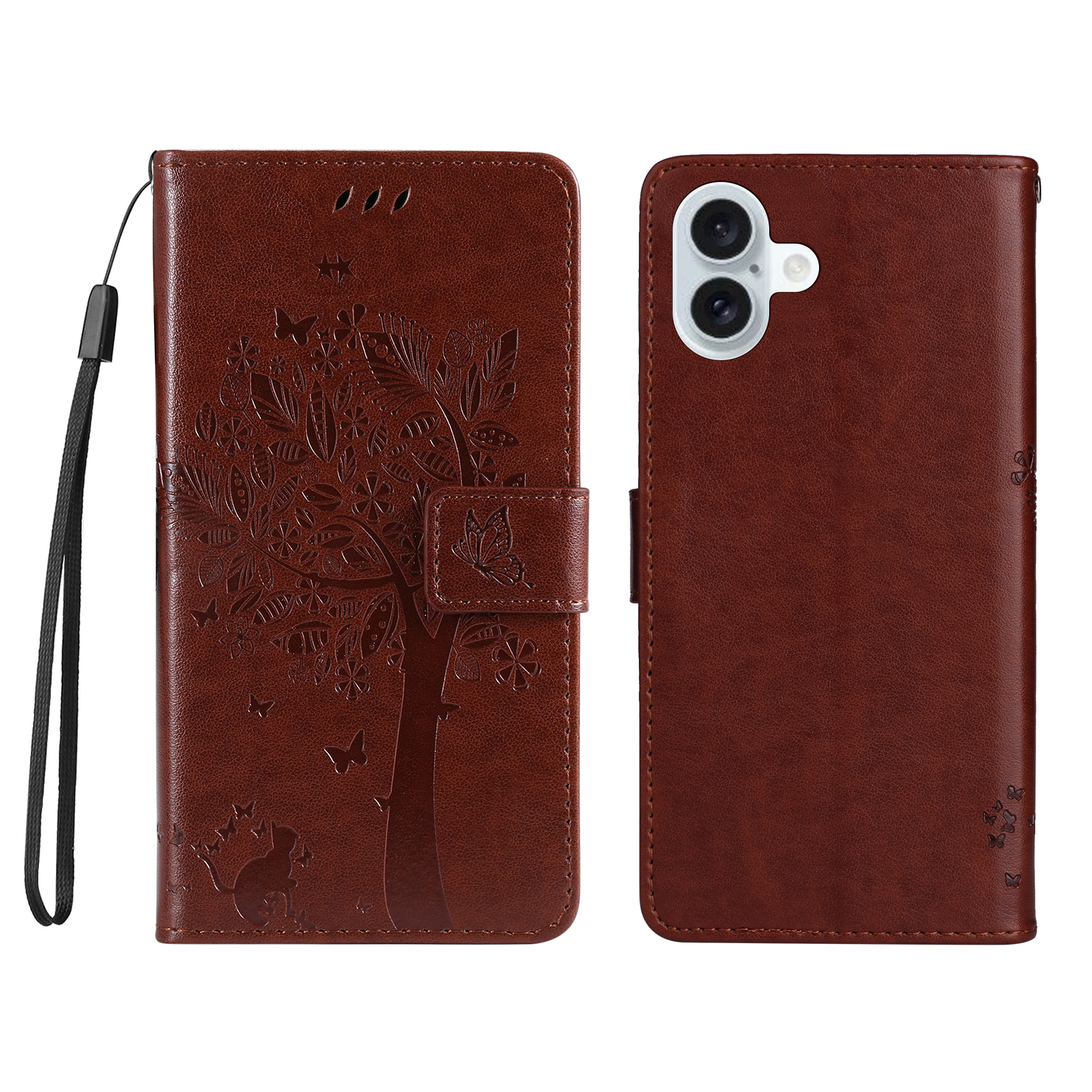 For iPhone 16 Plus Phone Case with Stand Cat Tree Pattern Leather Wallet Mobile Cover - Coffee