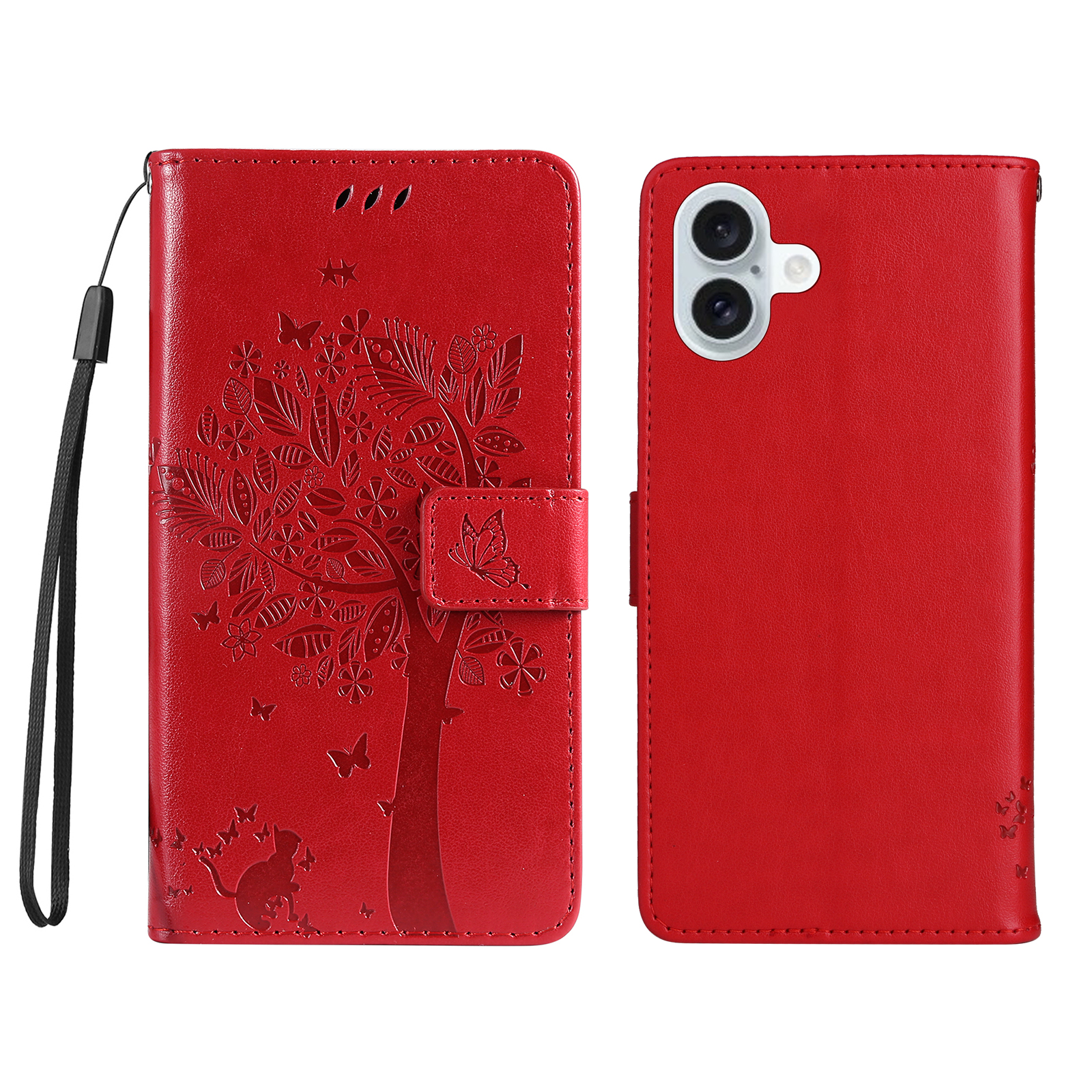 For iPhone 16 Plus Phone Case with Stand Cat Tree Pattern Leather Wallet Mobile Cover - Red