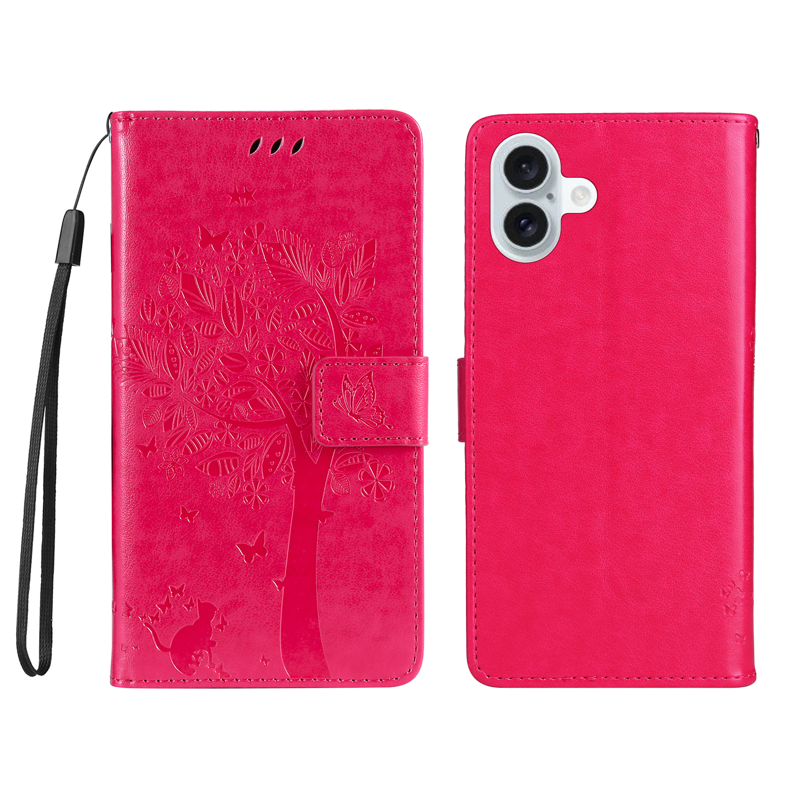 For iPhone 16 Plus Phone Case with Stand Cat Tree Pattern Leather Wallet Mobile Cover - Rose