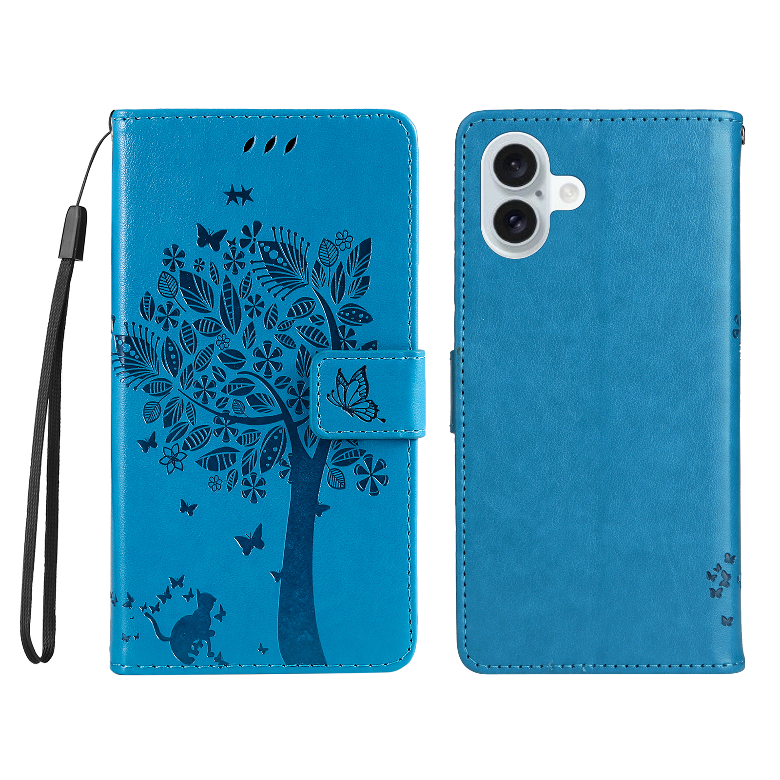 For iPhone 16 Plus Phone Case with Stand Cat Tree Pattern Leather Wallet Mobile Cover - Blue