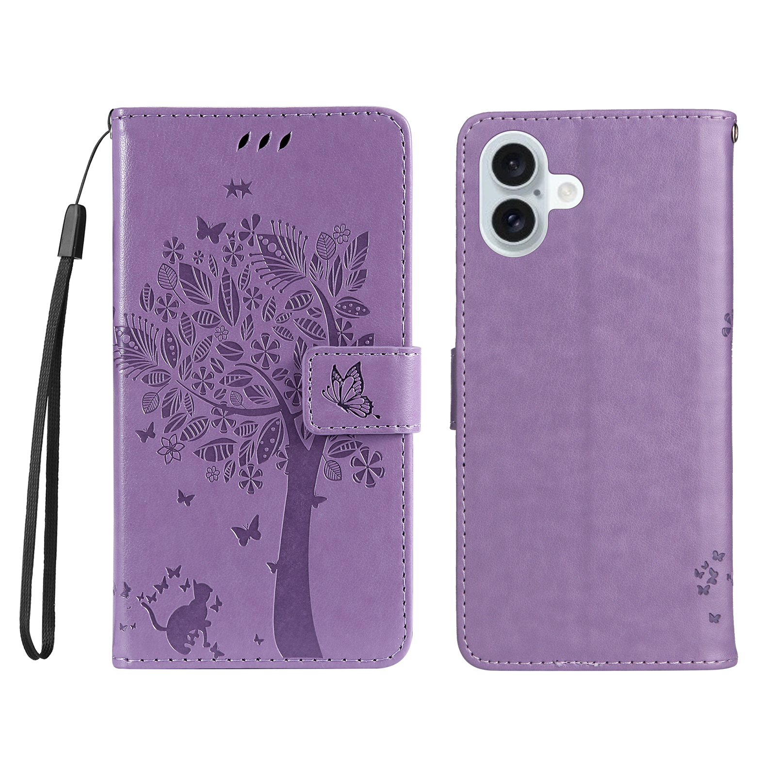 For iPhone 16 Plus Phone Case with Stand Cat Tree Pattern Leather Wallet Mobile Cover - Light Purple