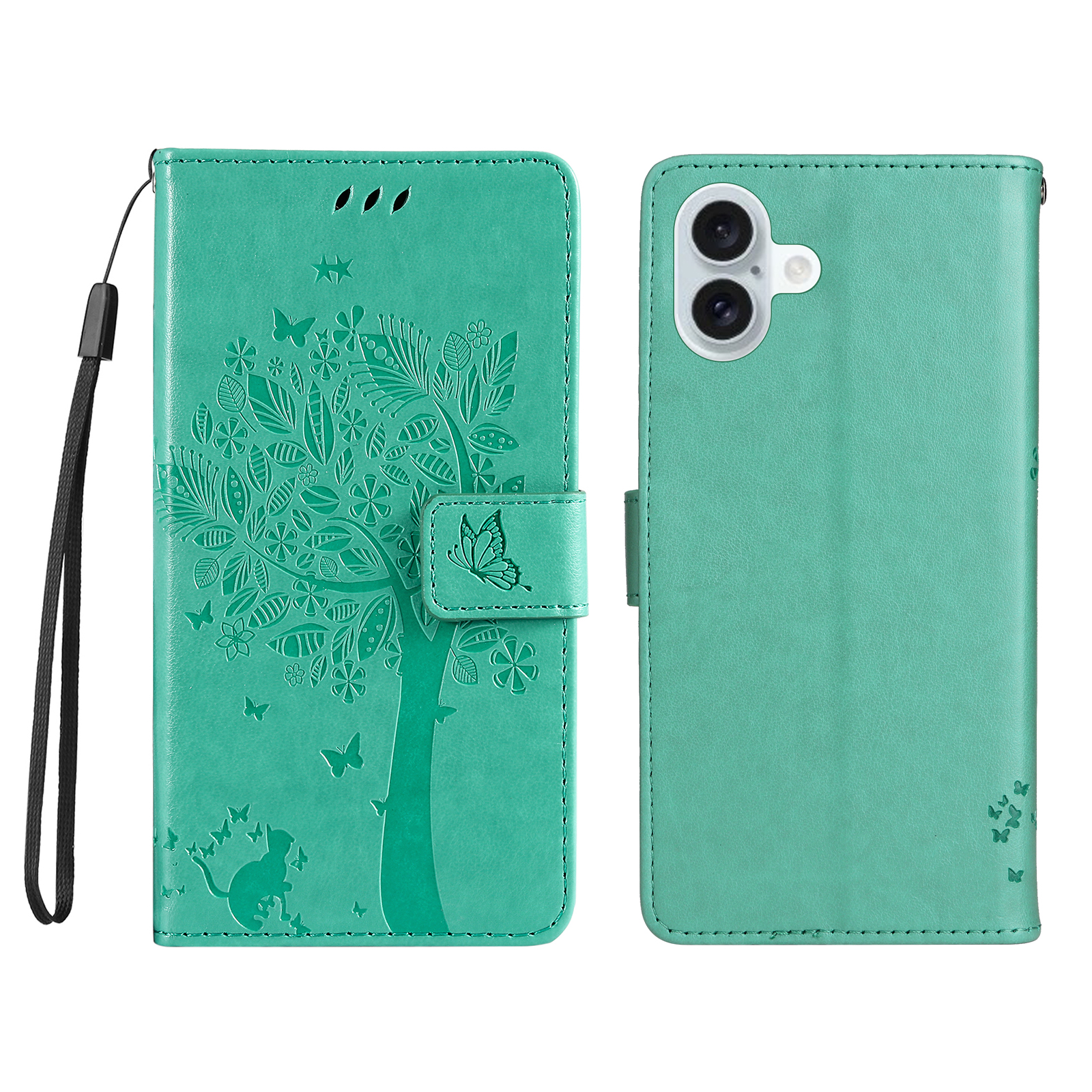 For iPhone 16 Plus Phone Case with Stand Cat Tree Pattern Leather Wallet Mobile Cover - Green