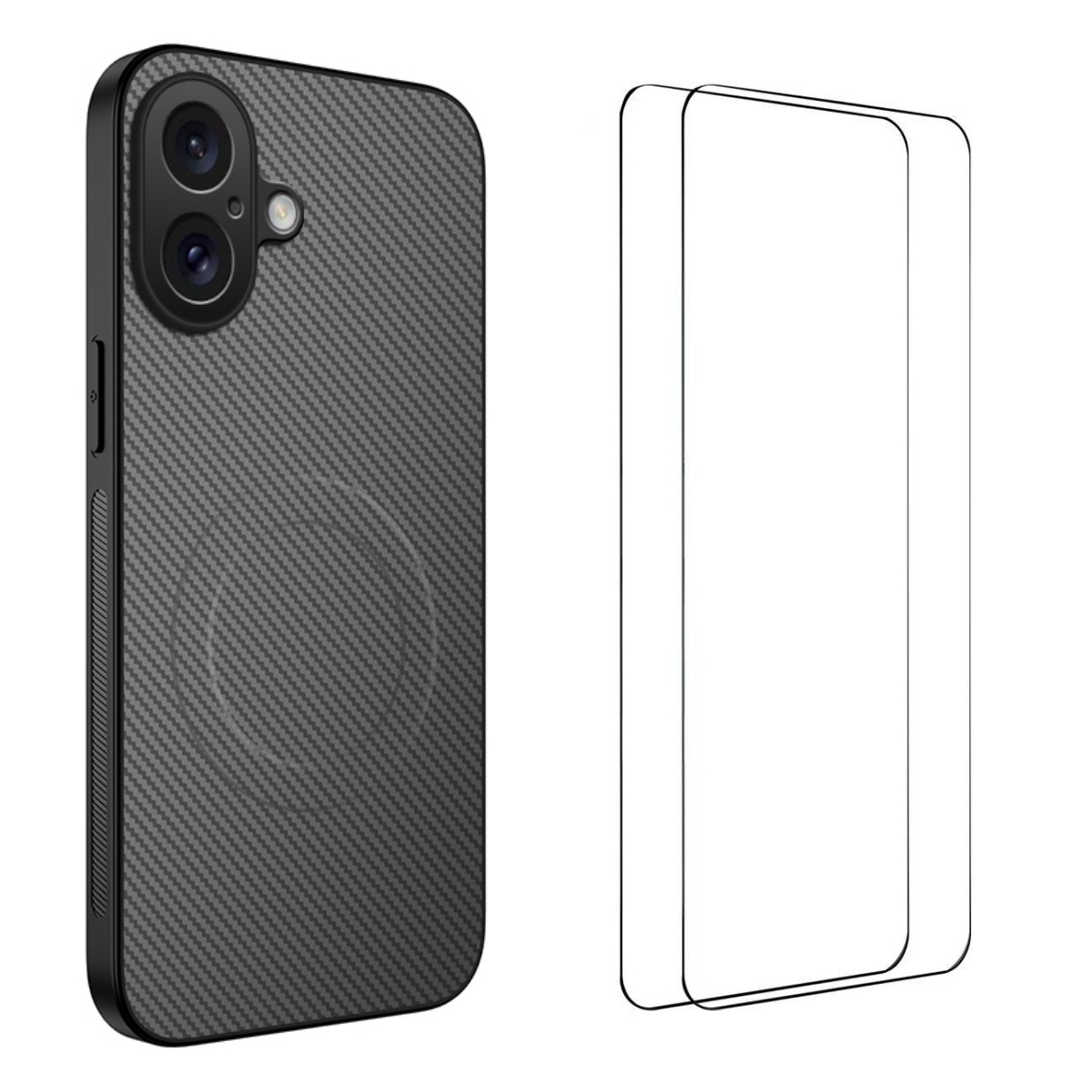 For iPhone 17 Magnetic Case WANLONFENG TQ1 Series Carbon Fiber Texture PC TPU Phone Cover with 2Pcs Screen Films - Grey