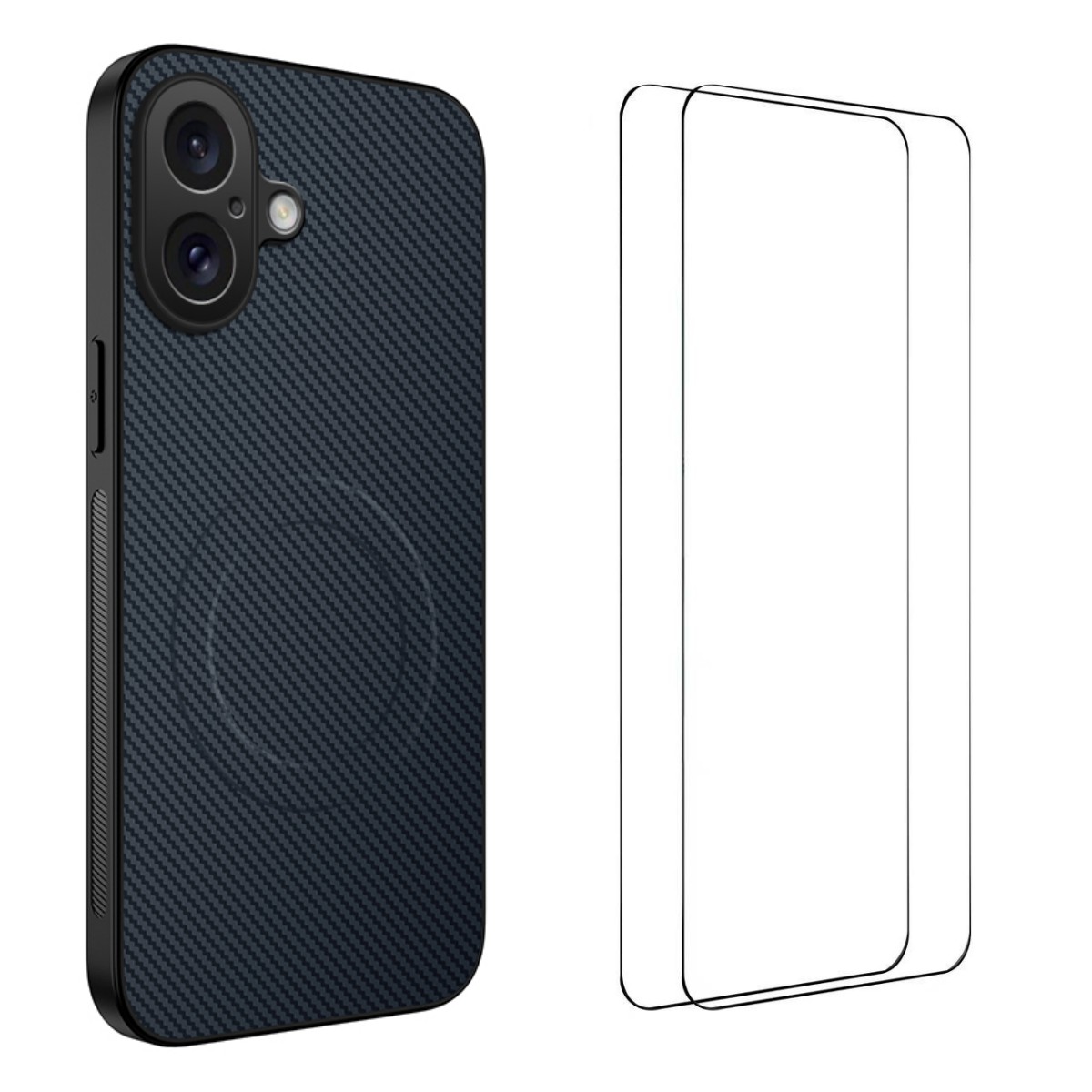 For iPhone 16 Magnetic Case WANLONFENG TQ1 Series Carbon Fiber Texture PC TPU Phone Cover with 2Pcs Screen Films - Sapphire