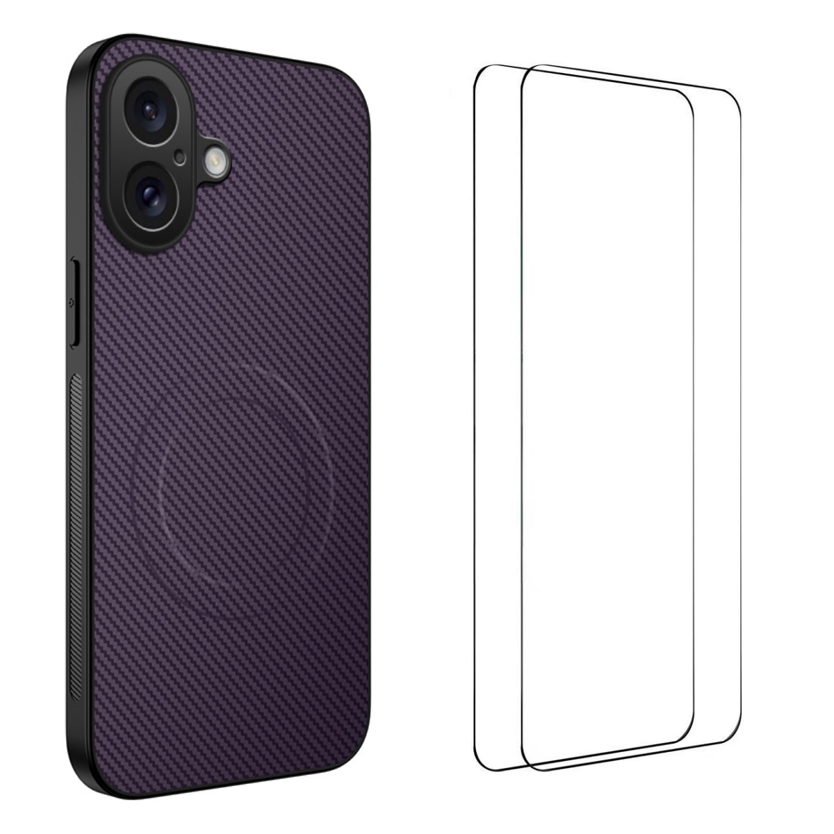 For iPhone 16 Magnetic Case WANLONFENG TQ1 Series Carbon Fiber Texture PC TPU Phone Cover with 2Pcs Screen Films - Purple