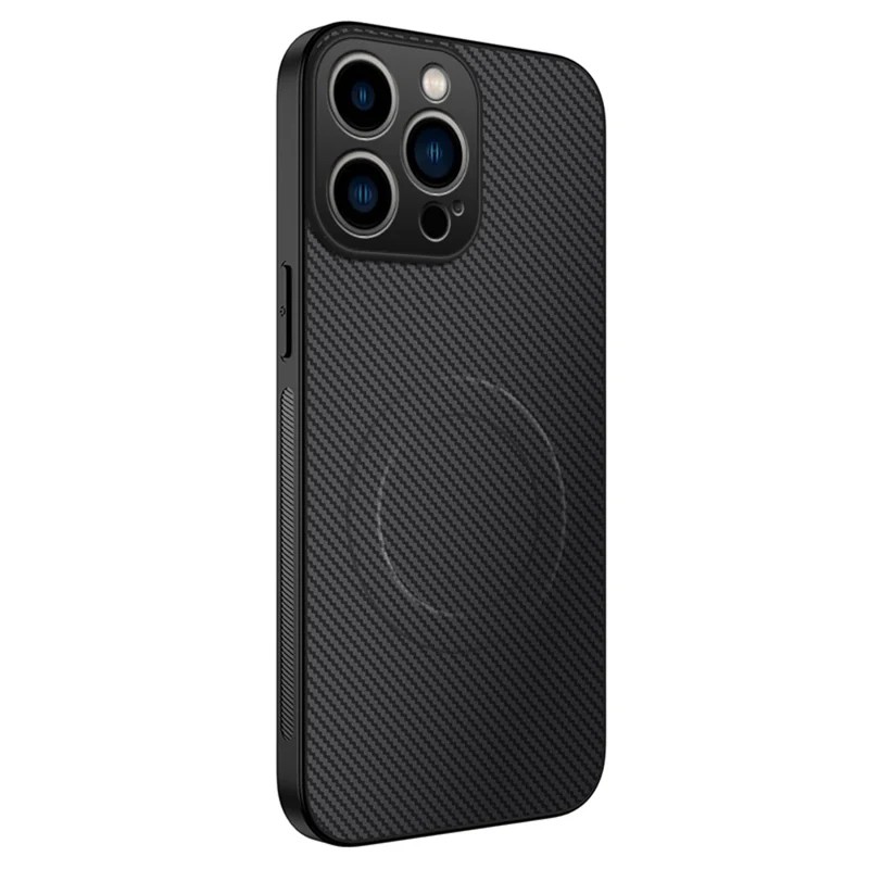 For iPhone 16 Pro Case Compatible with MagSafe WANLONFENG TQ Series Carbon Fiber Texture PC TPU Phone Cover - Black