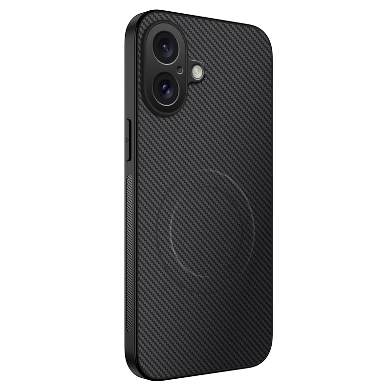 For iPhone 16 Case Compatible with MagSafe WANLONFENG TQ Series Carbon Fiber Texture PC TPU Phone Cover - Black