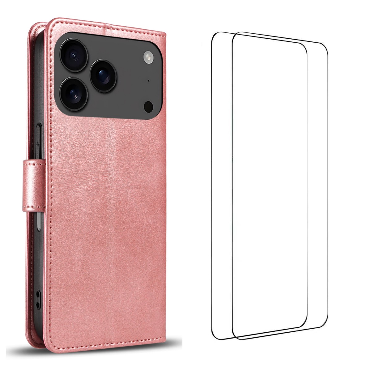For iPhone 17 Pro Case with 2Pcs Tempered Glass WANLONFENG WN Series Calf Texture Leather Phone Cover Big Cutouts - Pink