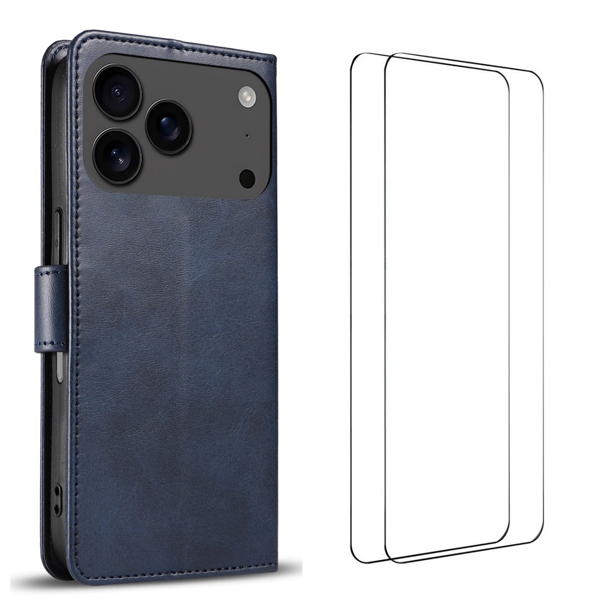 For iPhone 17 Pro Case with 2Pcs Tempered Glass WANLONFENG WN Series Calf Texture Leather Phone Cover Big Cutouts - Sapphire