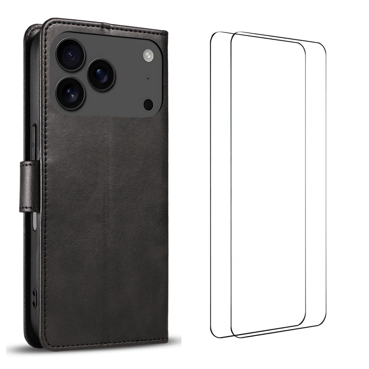 For iPhone 17 Pro Max Case with 2Pcs Tempered Glass WANLONFENG WN Series Calf Texture Leather Phone Cover Big Cutouts - Black