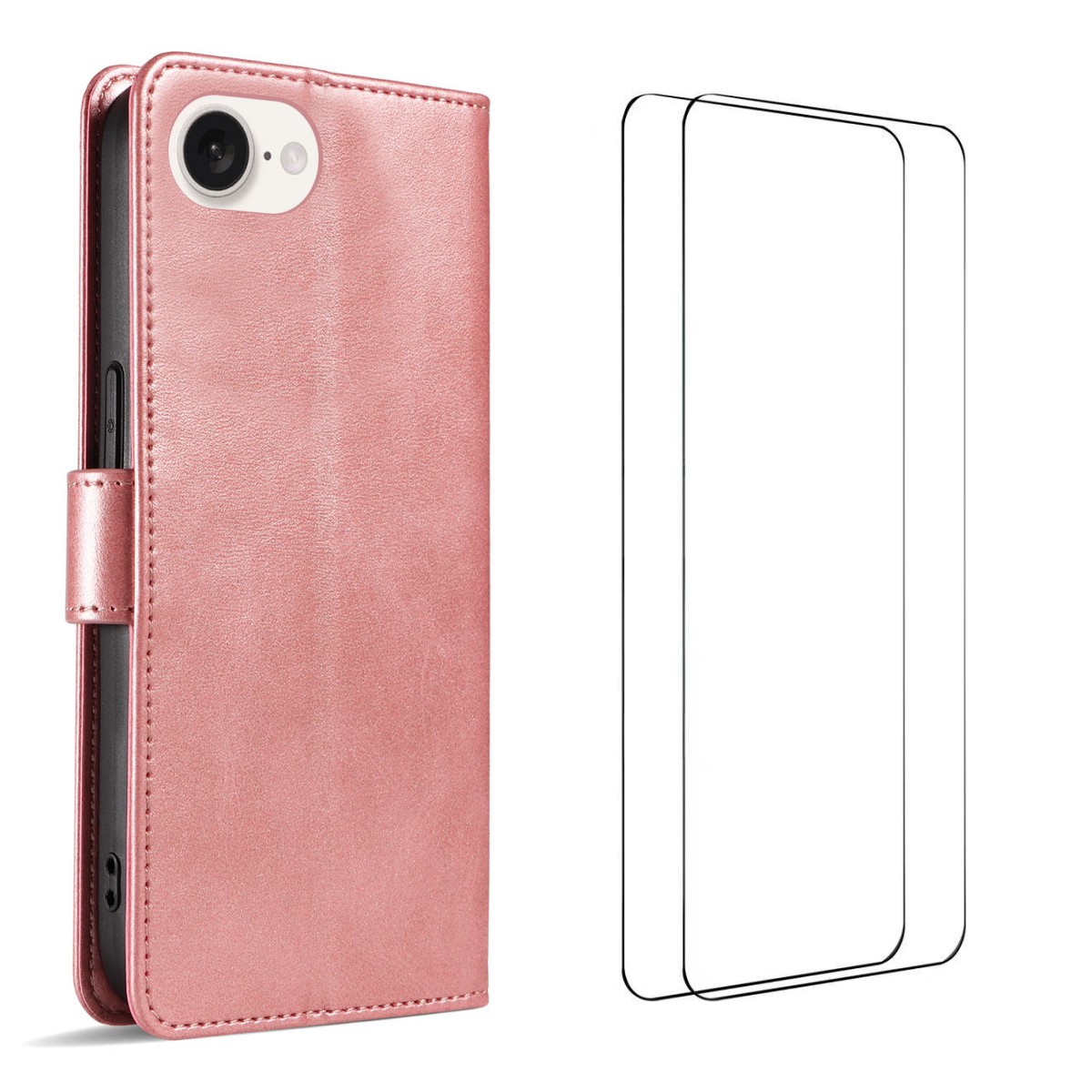 For iPhone 16e Case with 2Pcs Tempered Glass WANLONFENG WN Series Calf Texture Leather Phone Cover Big Cutouts - Pink