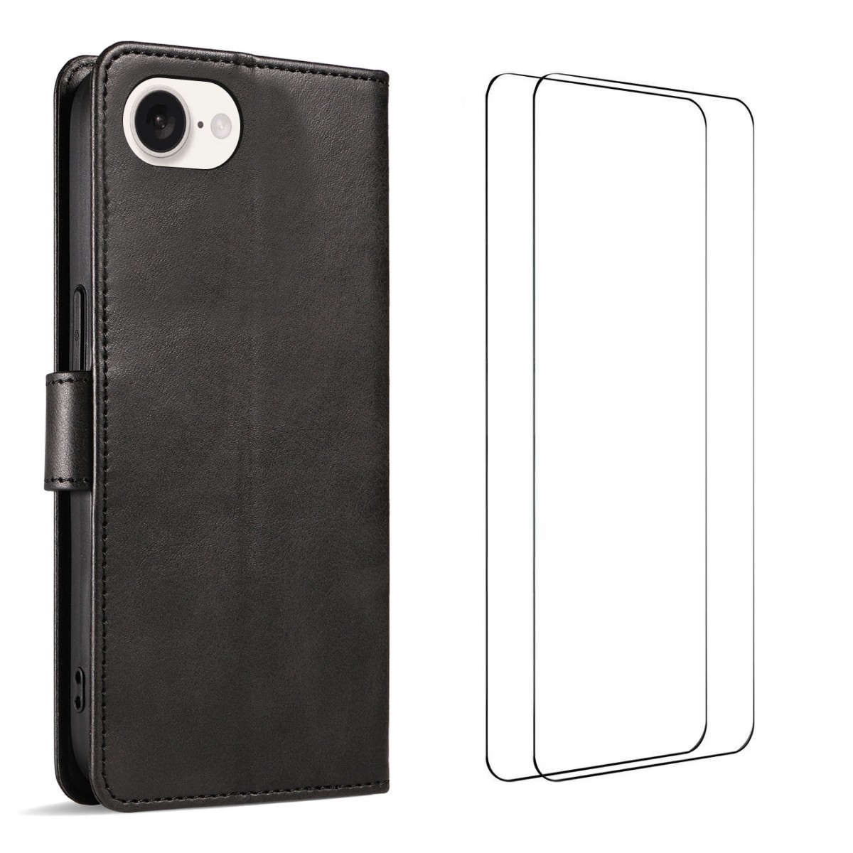 For iPhone 16e Case with 2Pcs Tempered Glass WANLONFENG WN Series Calf Texture Leather Phone Cover Big Cutouts - Black