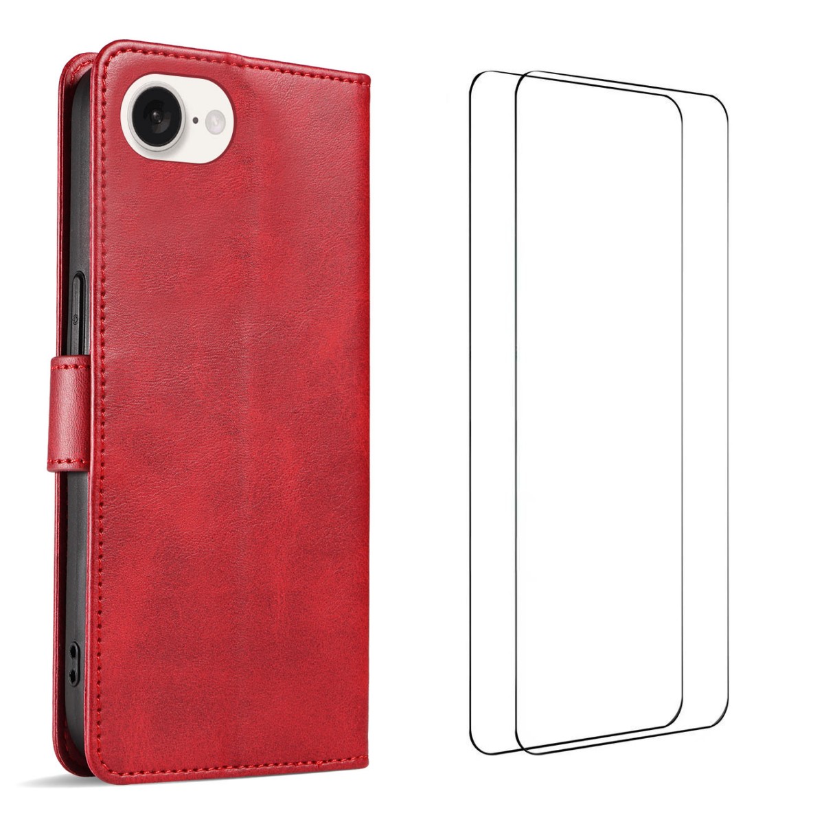For iPhone 16e Case with 2Pcs Tempered Glass WANLONFENG WN Series Calf Texture Leather Phone Cover Big Cutouts - Red