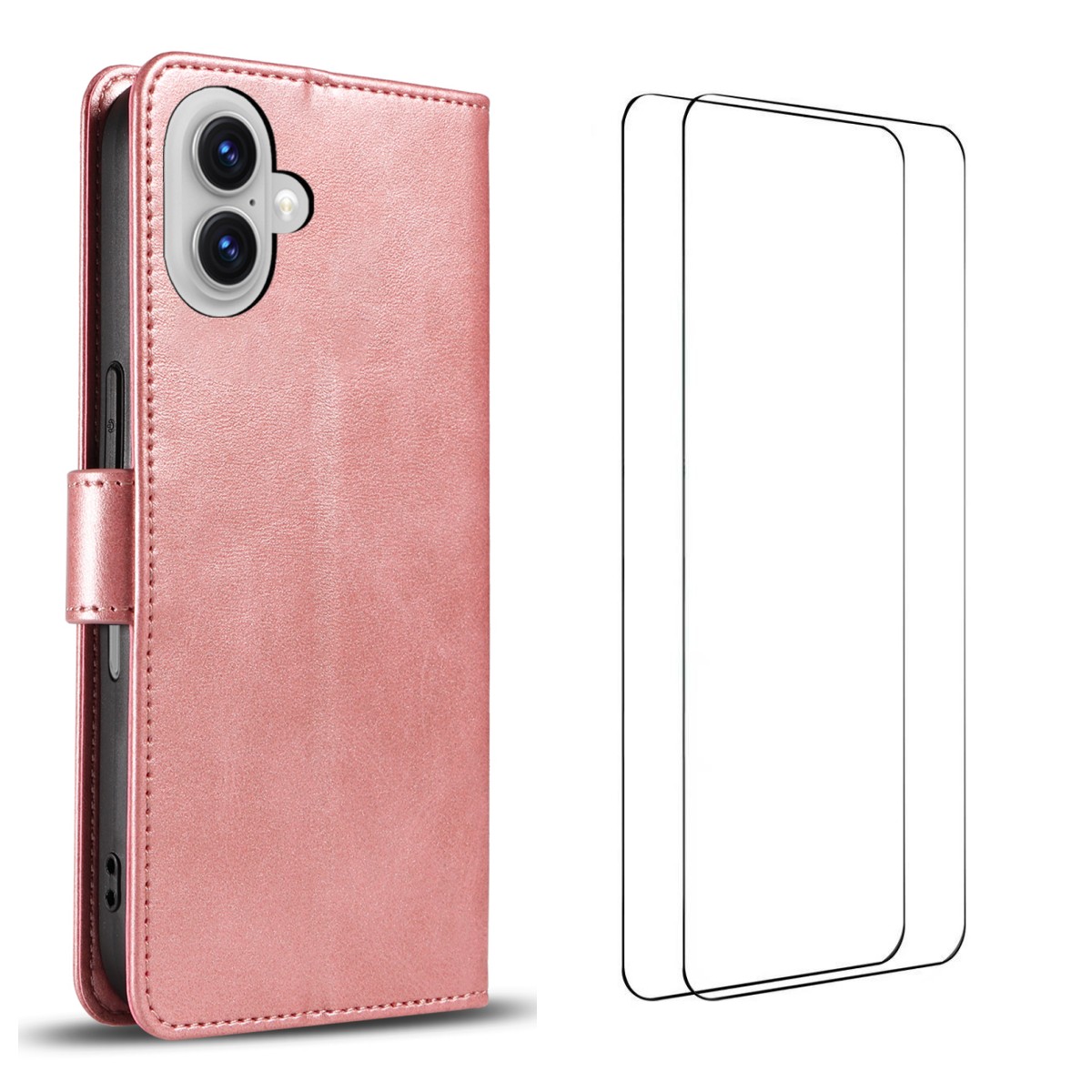 For iPhone 16 Case with 2Pcs Tempered Glass WANLONFENG WN Series Calf Texture Leather Phone Cover Big Cutouts - Pink