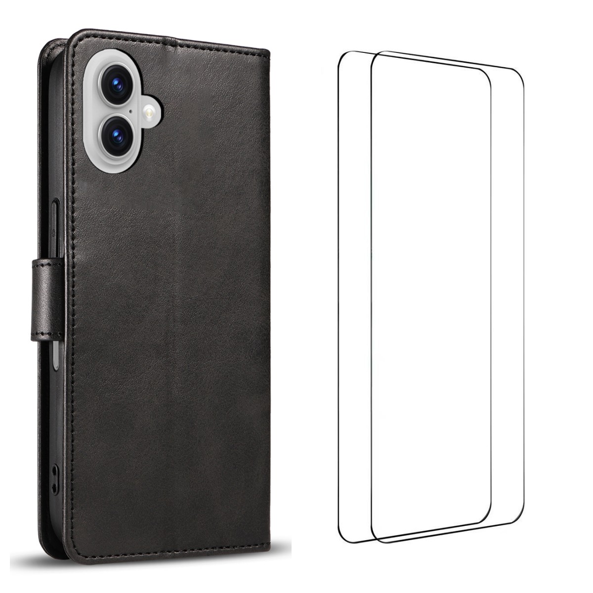 For iPhone 16 Case with 2Pcs Tempered Glass WANLONFENG WN Series Calf Texture Leather Phone Cover Big Cutouts - Black