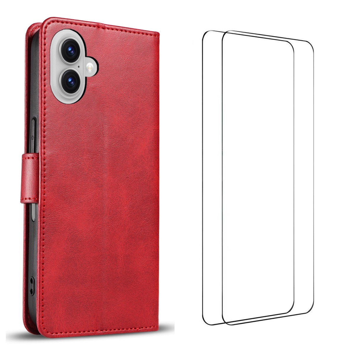 For iPhone 16 Case with 2Pcs Tempered Glass WANLONFENG WN Series Calf Texture Leather Phone Cover Big Cutouts - Red