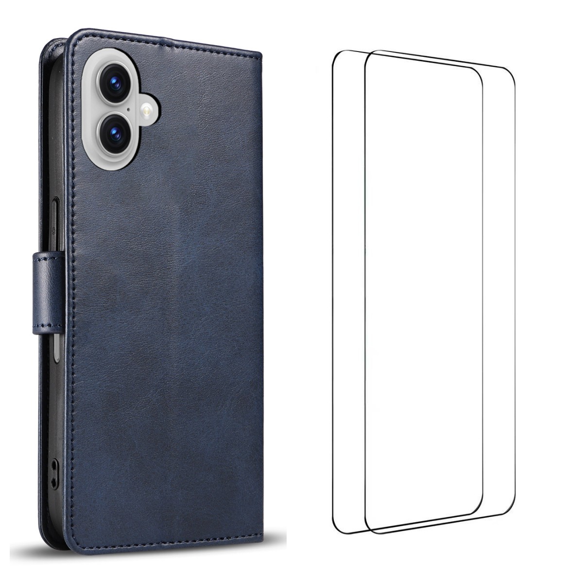 For iPhone 16 Case with 2Pcs Tempered Glass WANLONFENG WN Series Calf Texture Leather Phone Cover Big Cutouts - Sapphire