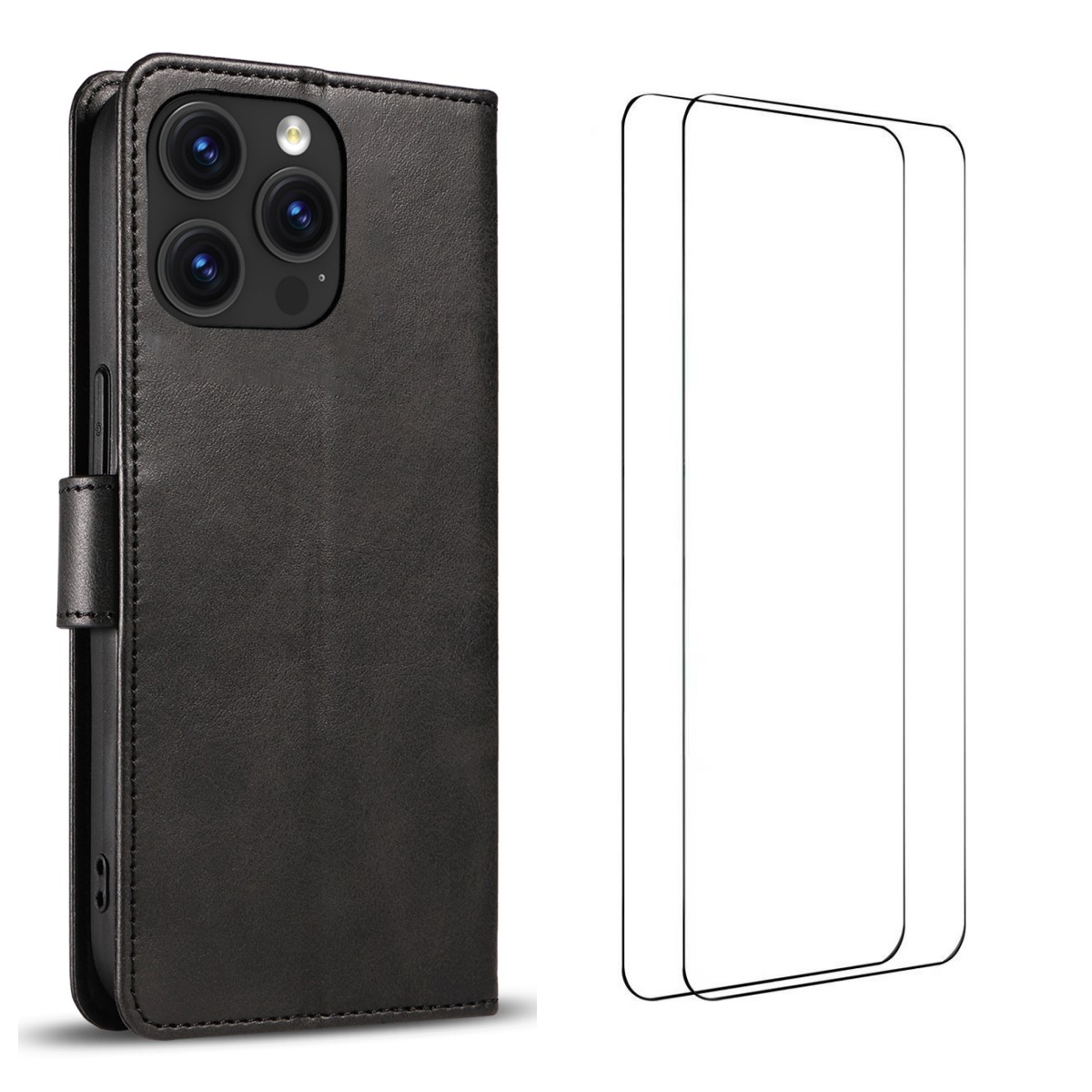 For iPhone 16 Pro Max Case with 2Pcs Tempered Glass WANLONFENG WN Series Calf Texture Leather Phone Cover Big Cutouts - Black