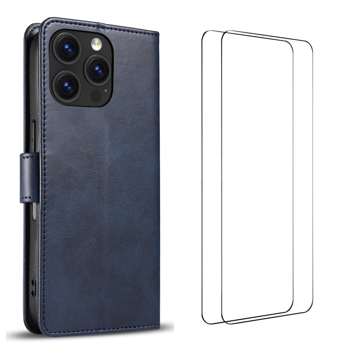 For iPhone 16 Pro Max Case with 2Pcs Tempered Glass WANLONFENG WN Series Calf Texture Leather Phone Cover Big Cutouts - Sapphire