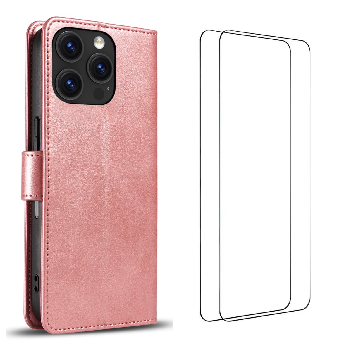 For iPhone 16 Pro Case with 2Pcs Tempered Glass WANLONFENG WN Series Calf Texture Leather Phone Cover Big Cutouts - Pink