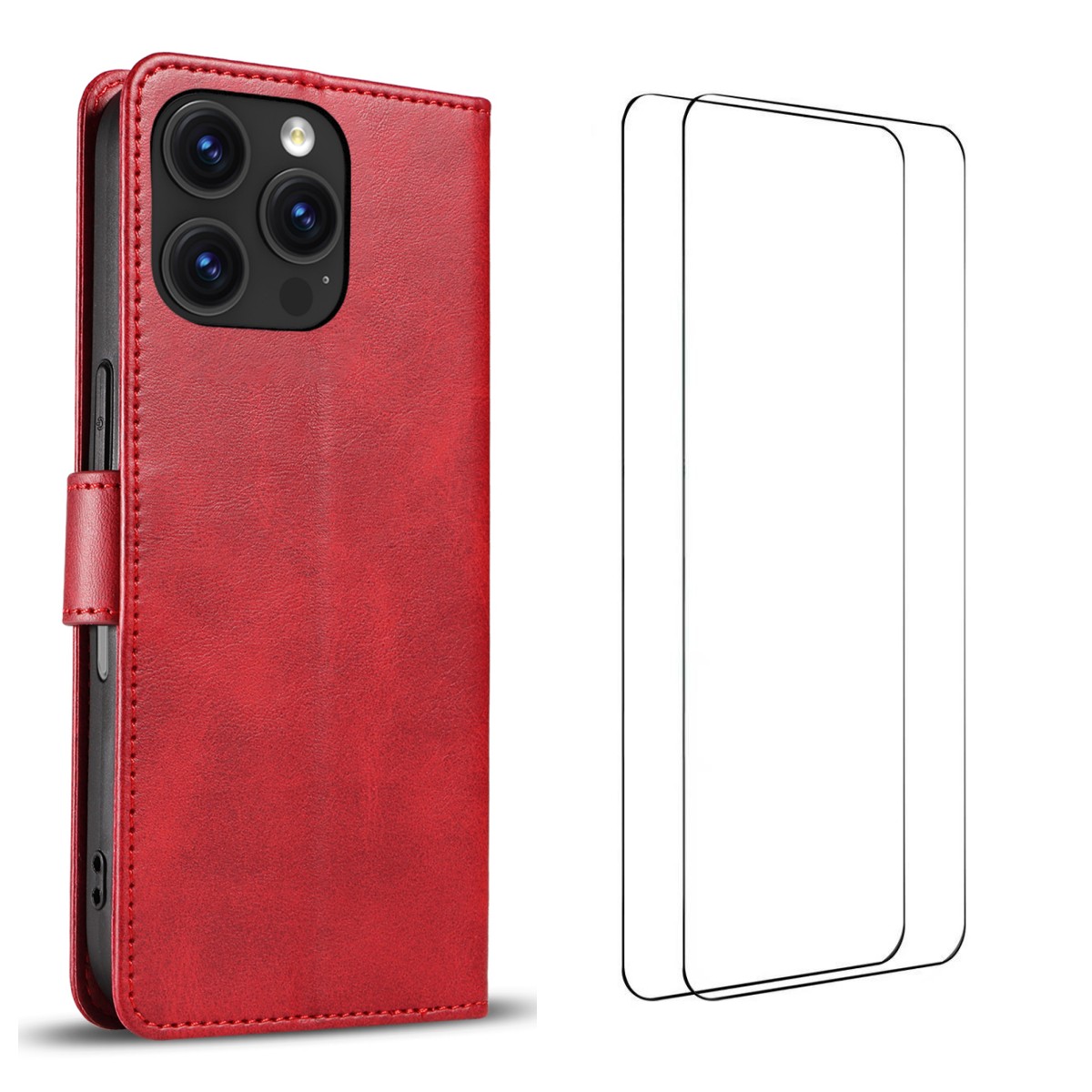For iPhone 16 Pro Case with 2Pcs Tempered Glass WANLONFENG WN Series Calf Texture Leather Phone Cover Big Cutouts - Red