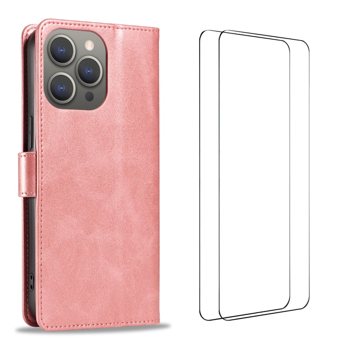 For iPhone 15 Pro Case with 2Pcs Tempered Glass WANLONFENG WN Series Calf Texture Leather Phone Cover Big Cutouts - Pink