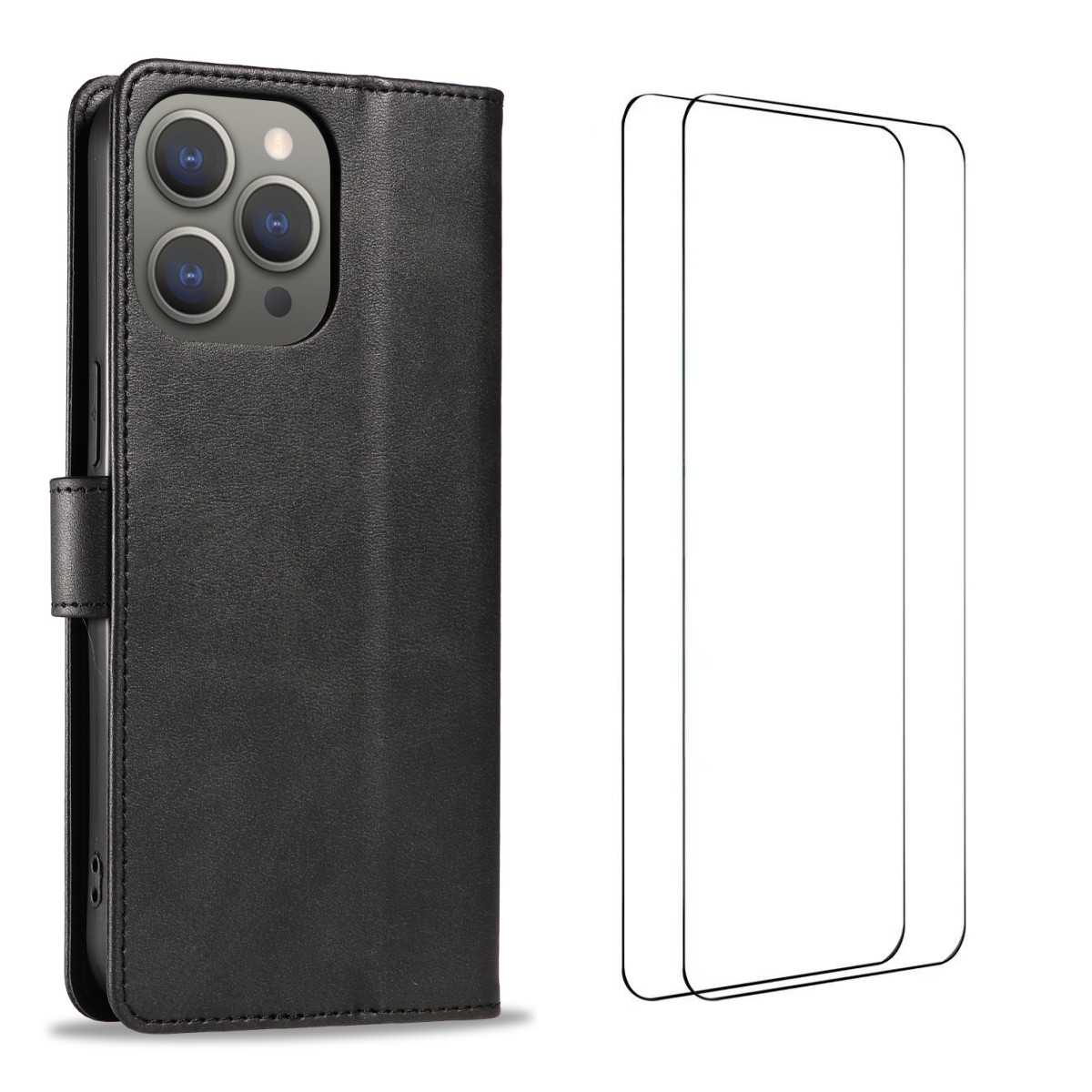 For iPhone 15 Pro Case with 2Pcs Tempered Glass WANLONFENG WN Series Calf Texture Leather Phone Cover Big Cutouts - Black