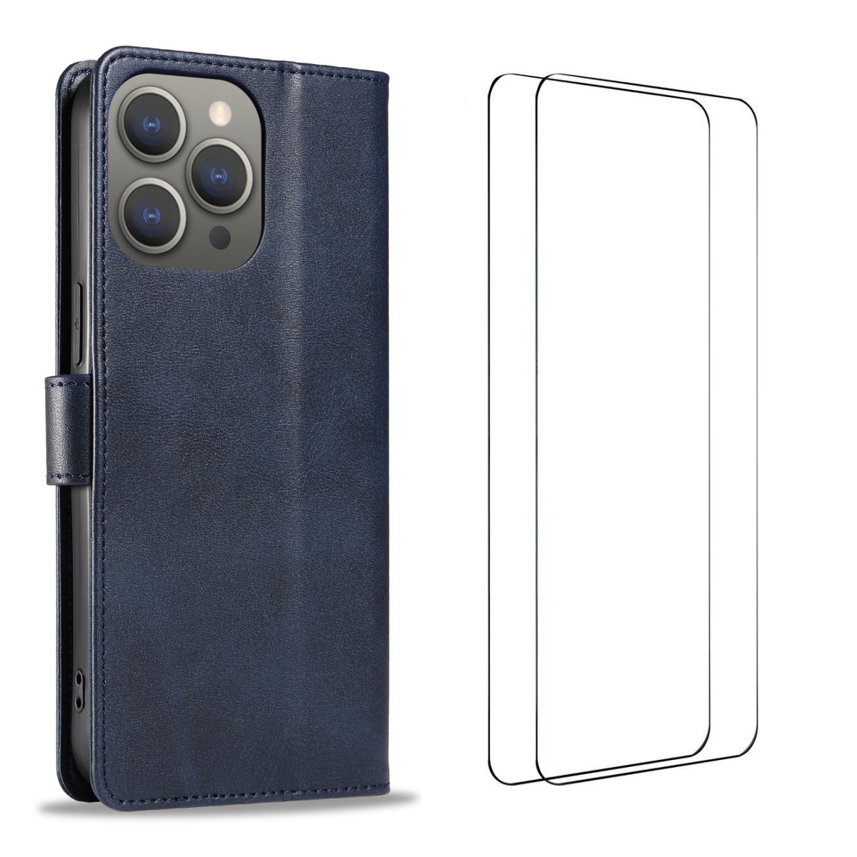 For iPhone 15 Pro Case with 2Pcs Tempered Glass WANLONFENG WN Series Calf Texture Leather Phone Cover Big Cutouts - Sapphire