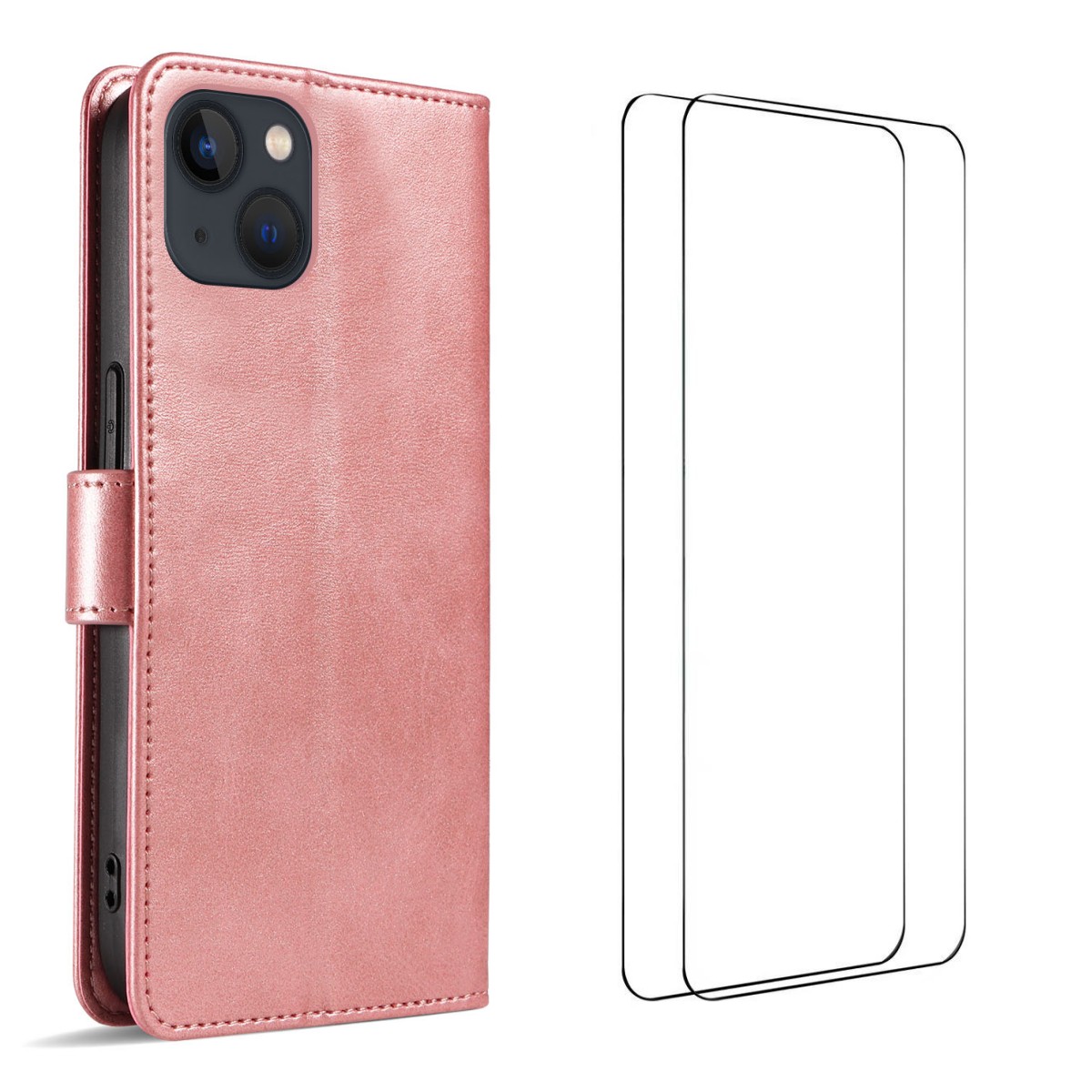 For iPhone 15 Case with 2Pcs Tempered Glass WANLONFENG WN Series Calf Texture Leather Phone Cover Big Cutouts - Pink