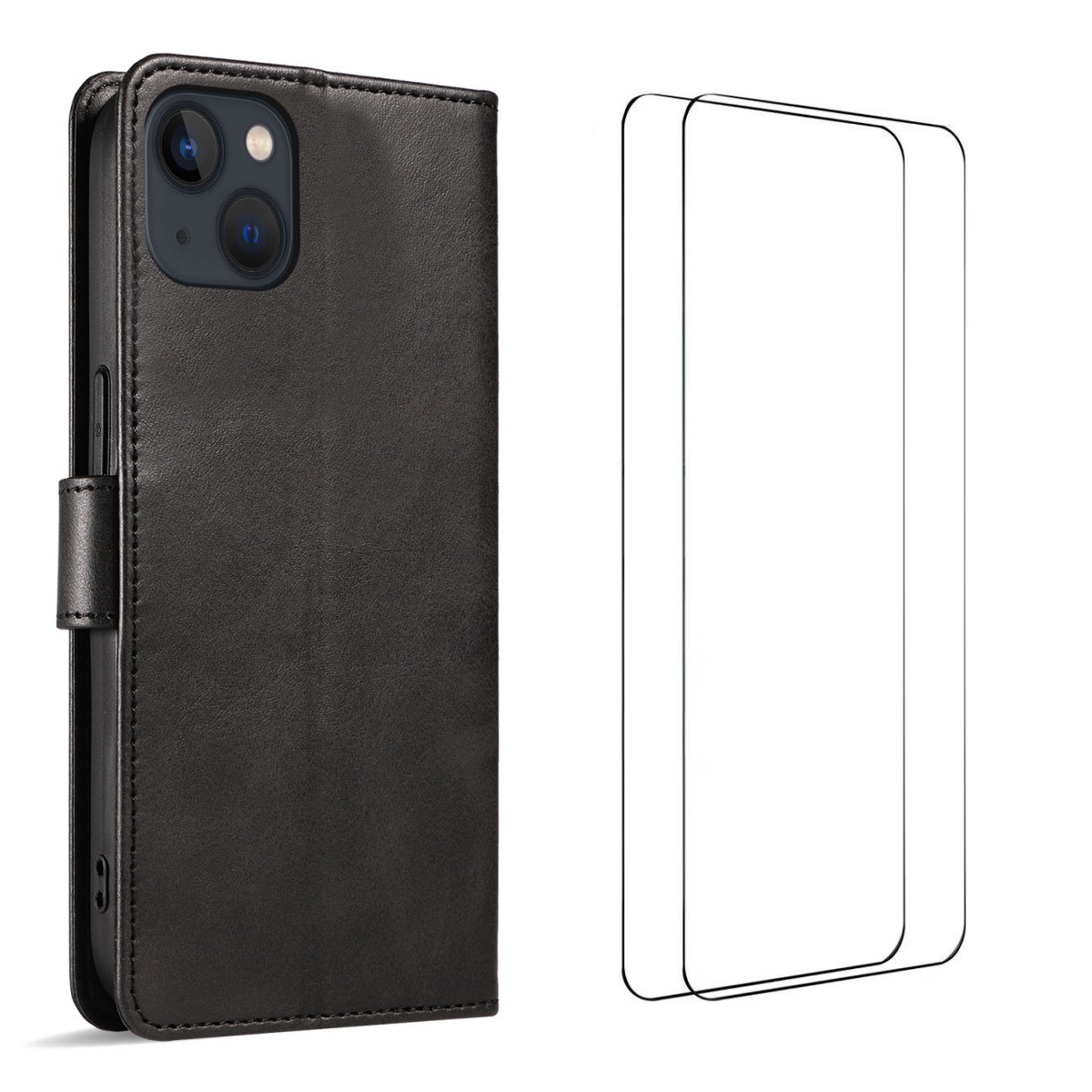 For iPhone 15 Case with 2Pcs Tempered Glass WANLONFENG WN Series Calf Texture Leather Phone Cover Big Cutouts - Black