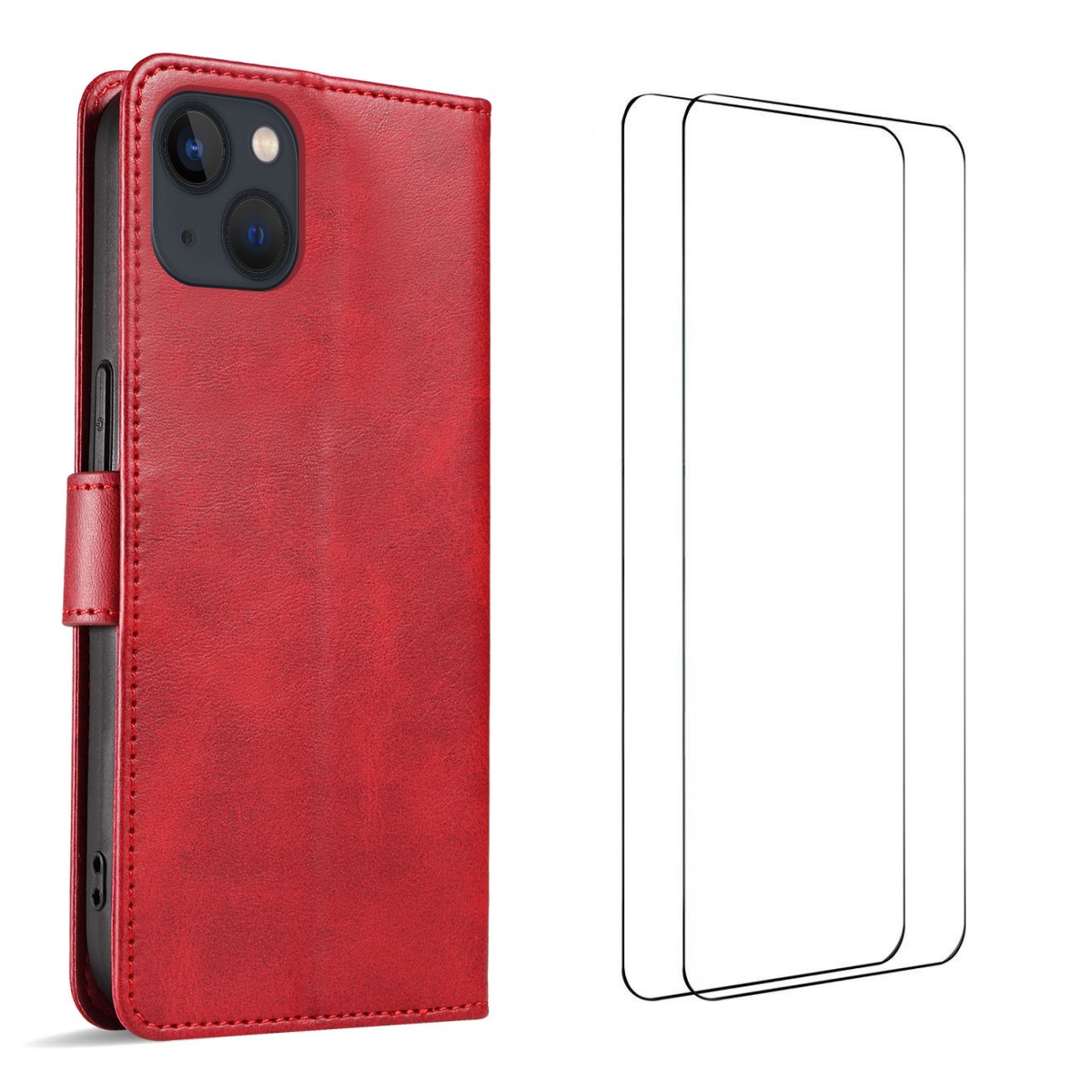 For iPhone 15 Case with 2Pcs Tempered Glass WANLONFENG WN Series Calf Texture Leather Phone Cover Big Cutouts - Red