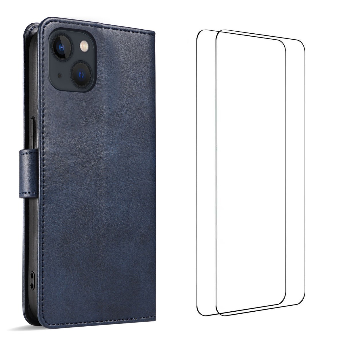 For iPhone 15 Case with 2Pcs Tempered Glass WANLONFENG WN Series Calf Texture Leather Phone Cover Big Cutouts - Sapphire