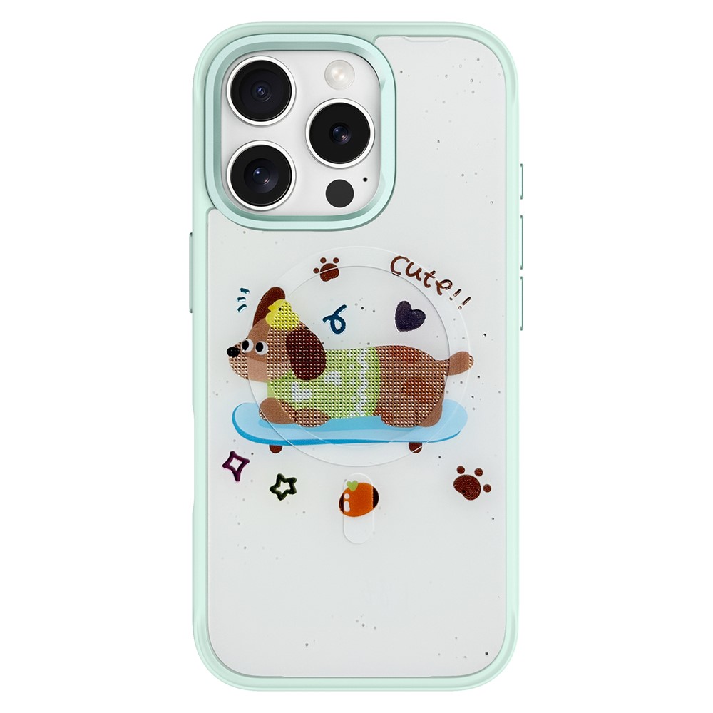 For iPhone 16 Pro Magnetic Case TPU PC Phone Cover with Skateboarding Dachshund Backplate - Green
