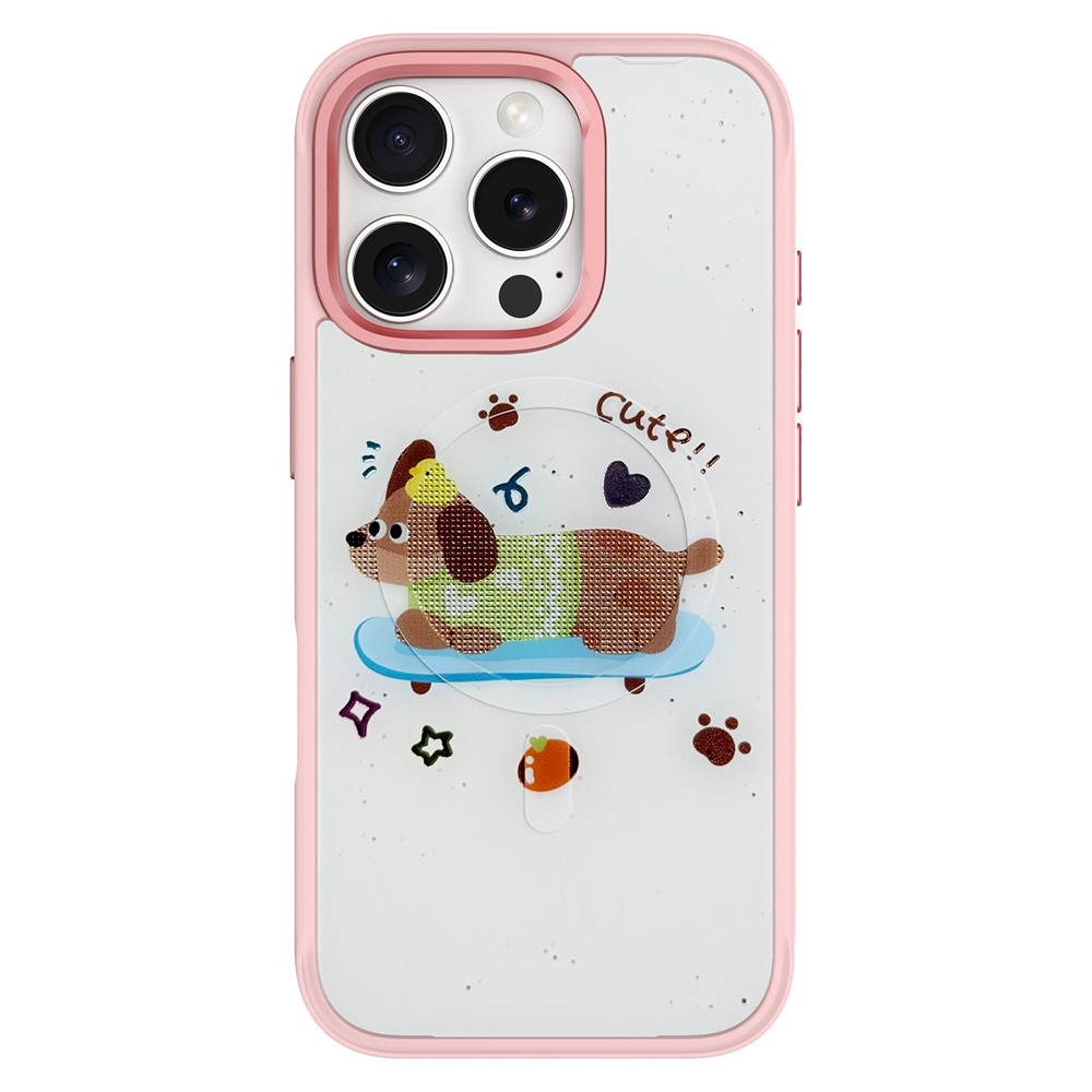 For iPhone 16 Pro Magnetic Case TPU PC Phone Cover with Skateboarding Dachshund Backplate - Pink