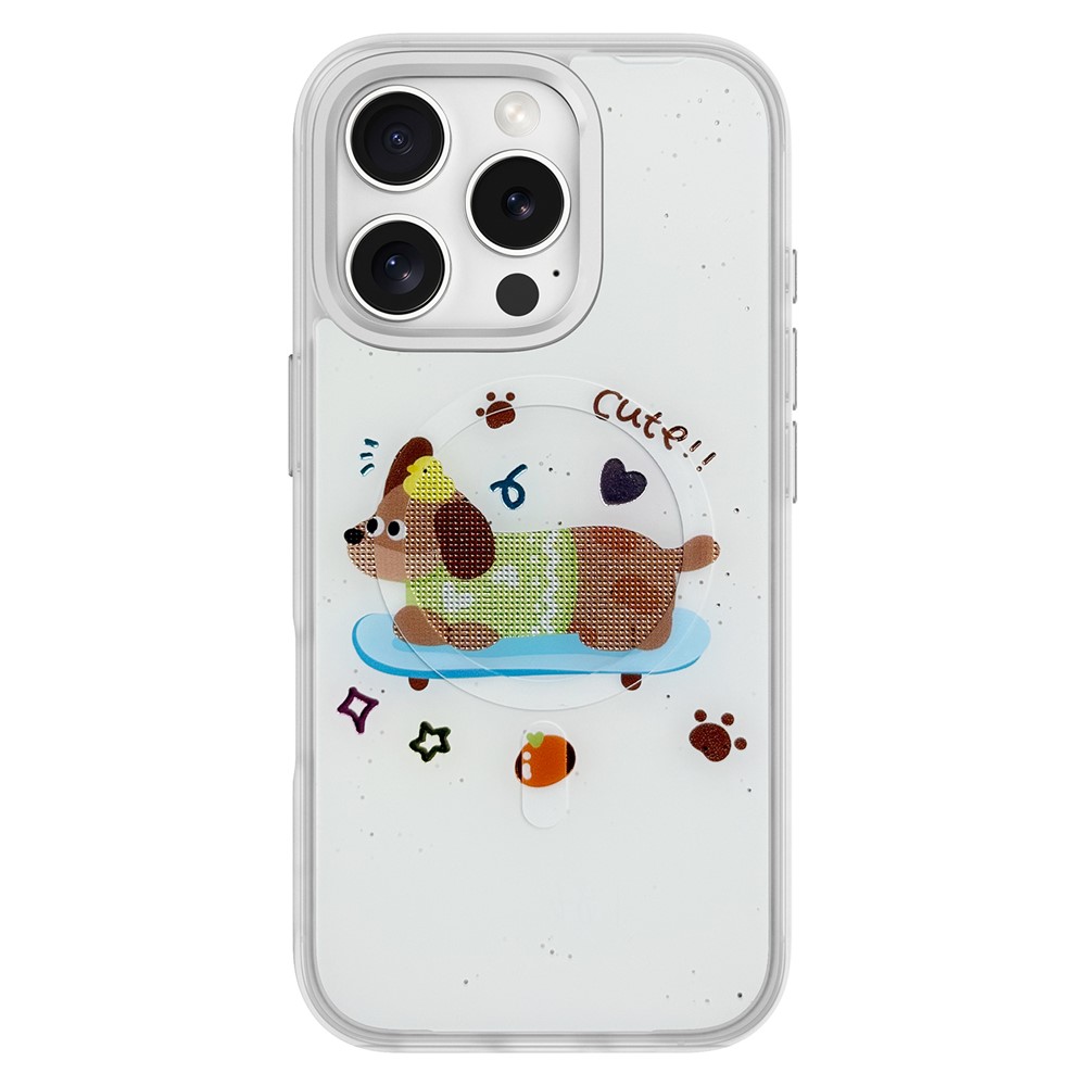 For iPhone 16 Pro Magnetic Case TPU PC Phone Cover with Skateboarding Dachshund Backplate - Silver