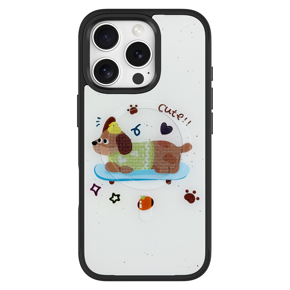 For iPhone 16 Pro Magnetic Case TPU PC Phone Cover with Skateboarding Dachshund Backplate - Black