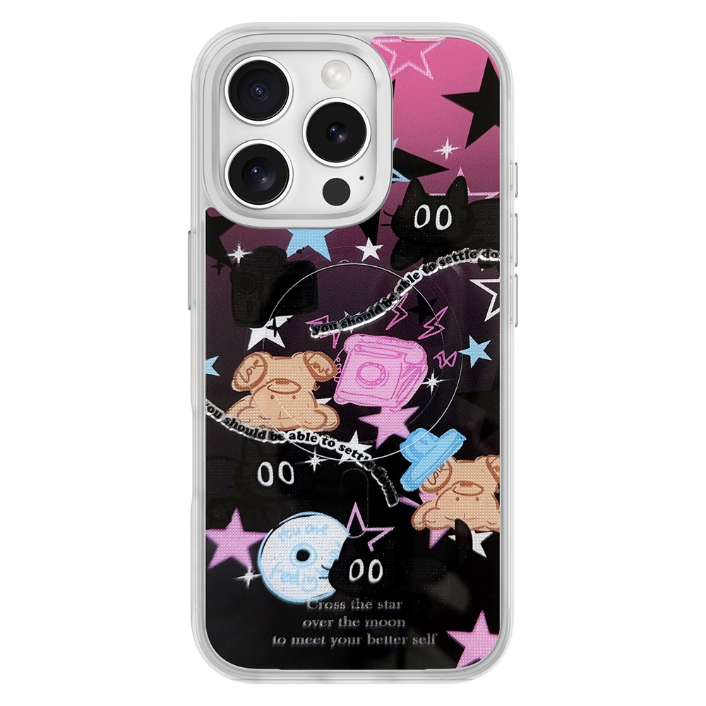 For iPhone 16 Pro Max Magnetic Case TPU PC Phone Cover with Detachable Brown Bear Slide Backplate - Silver